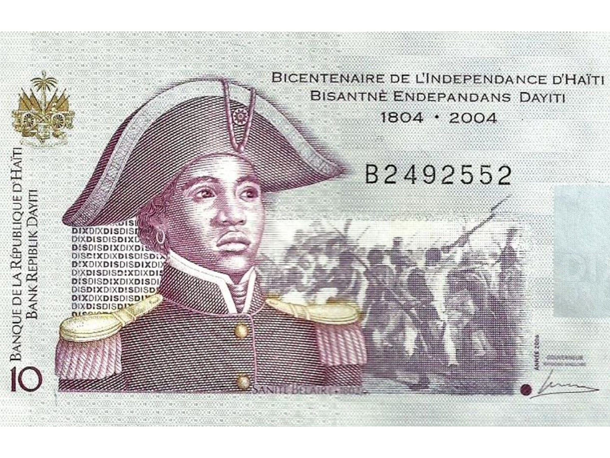 A Haitian 10 gourdes bank note depicting Sanité Belair