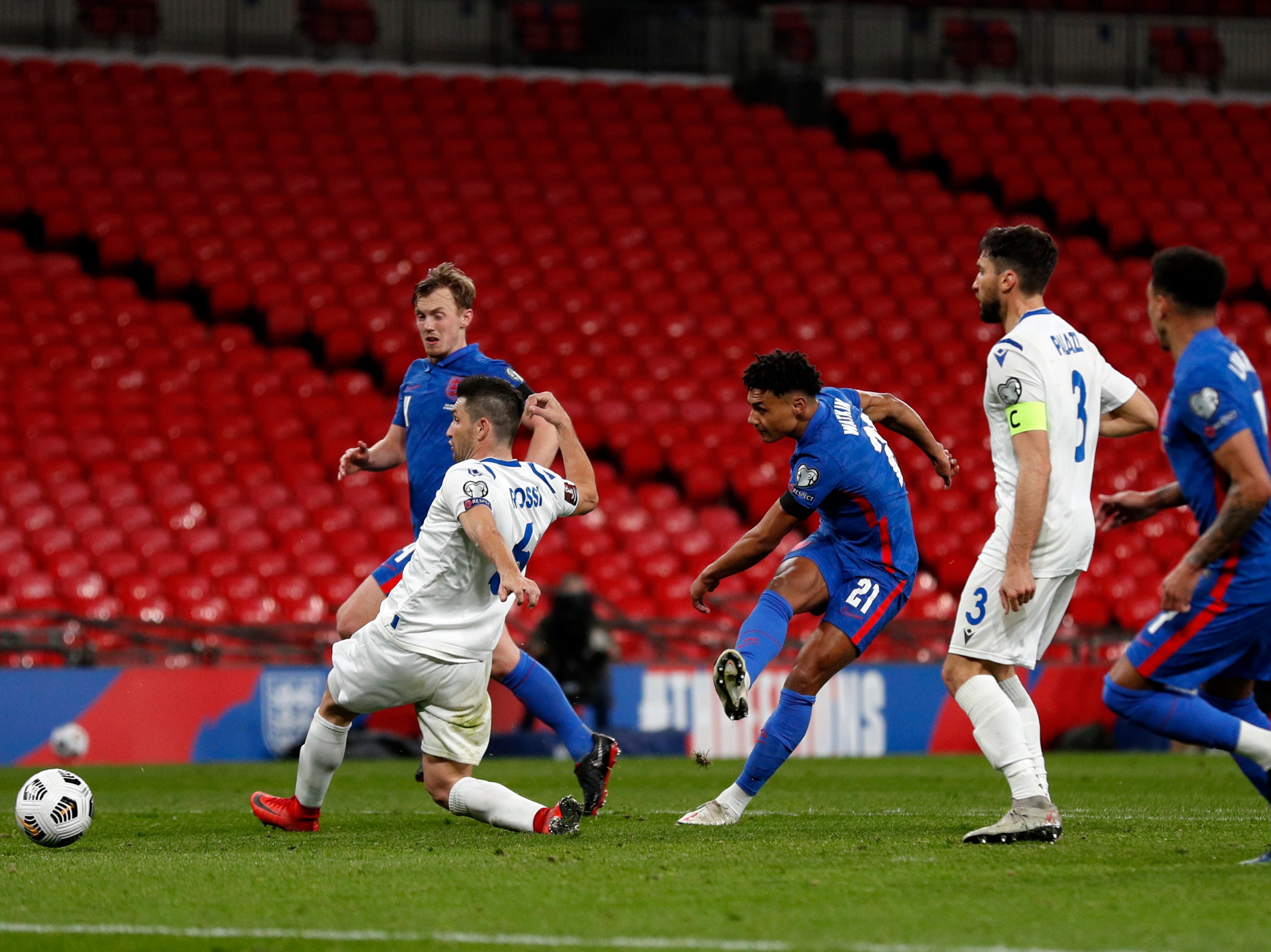 Second-half substitute Ollie Watkins (centre) netted late on