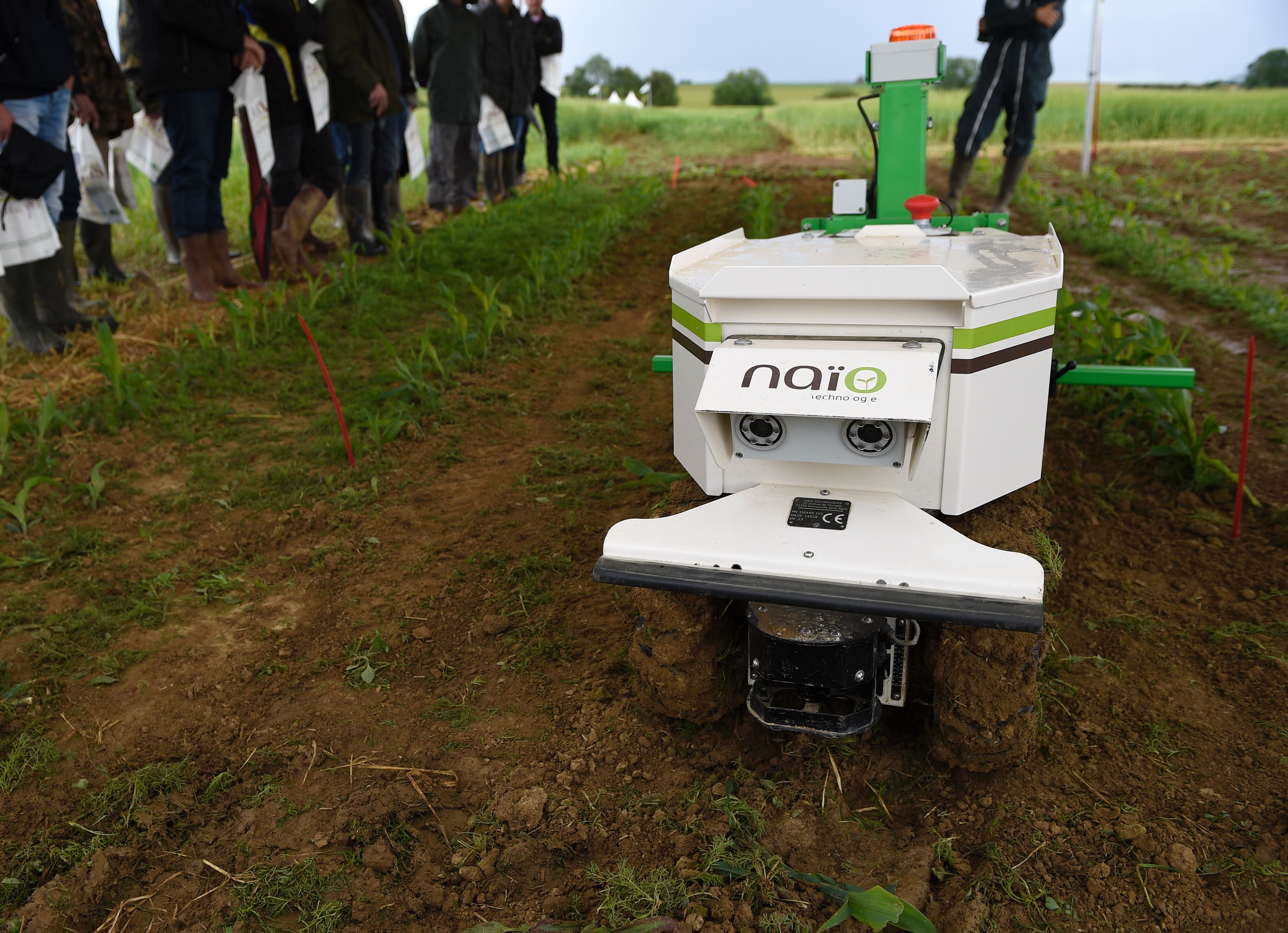 Arable farmers watching a demonstration of a weeding robot in eastern France