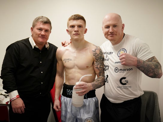 Campbell Hatton poses with his father Ricky (left) and uncle and trainer Matthew (right)