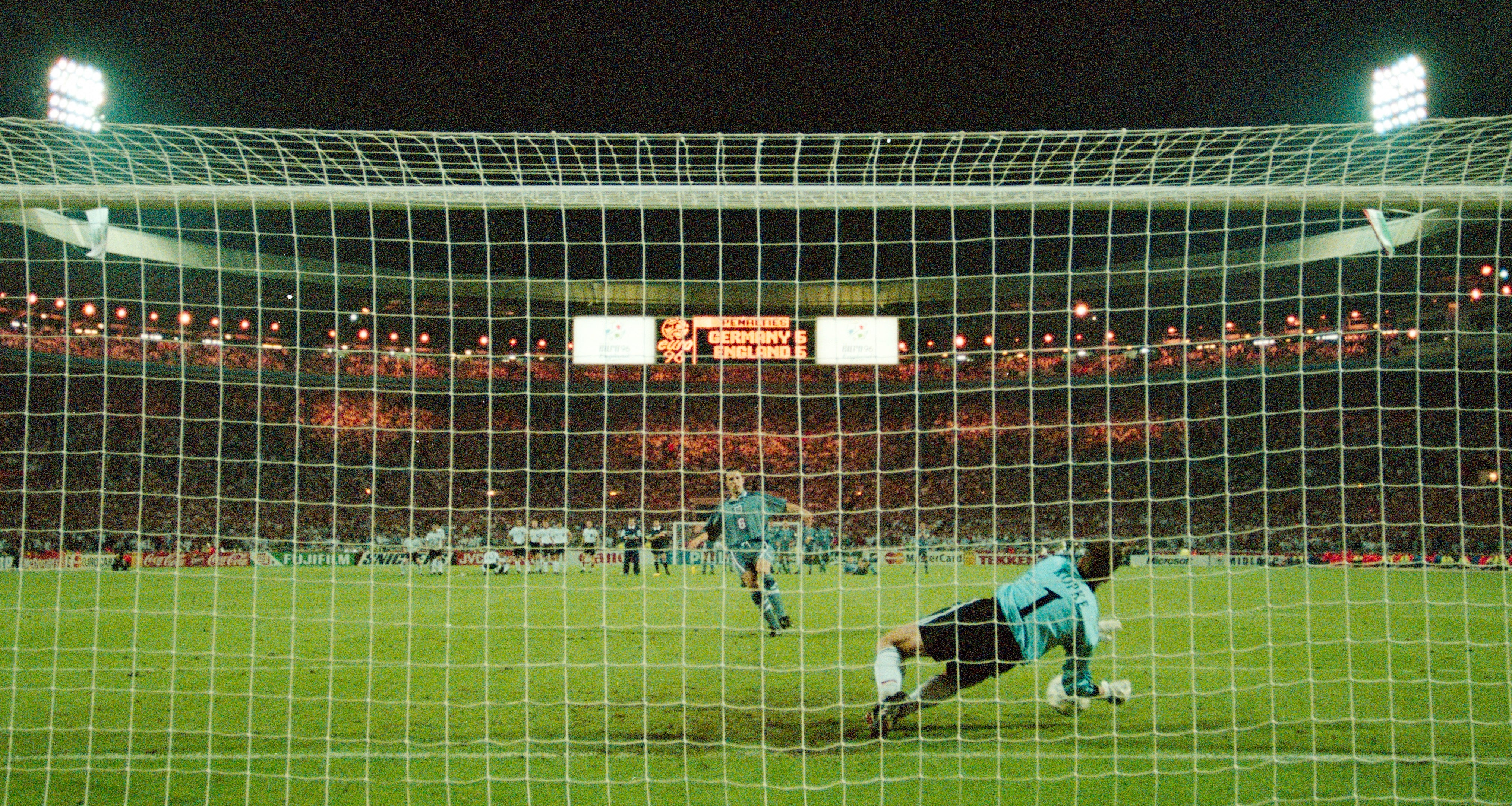 ‘Oh it’s saved’: Southgate’s penalty is stopped by German goalkeeper Andreas Kopke in the Euro 1996 semi-final shootout