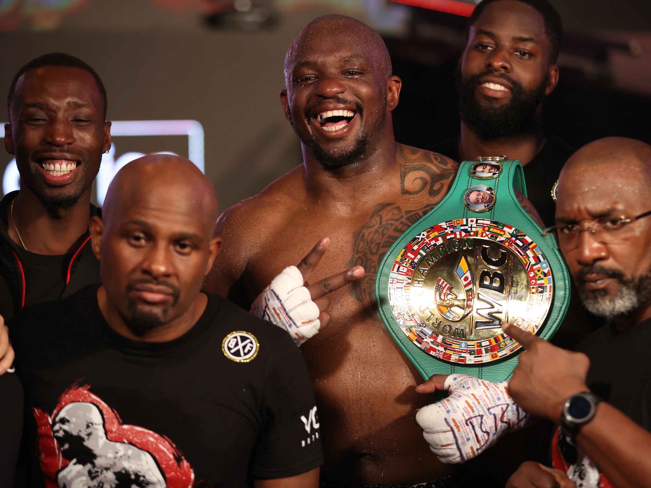 Dillian Whyte celebrates victory against Alexander Povetkin