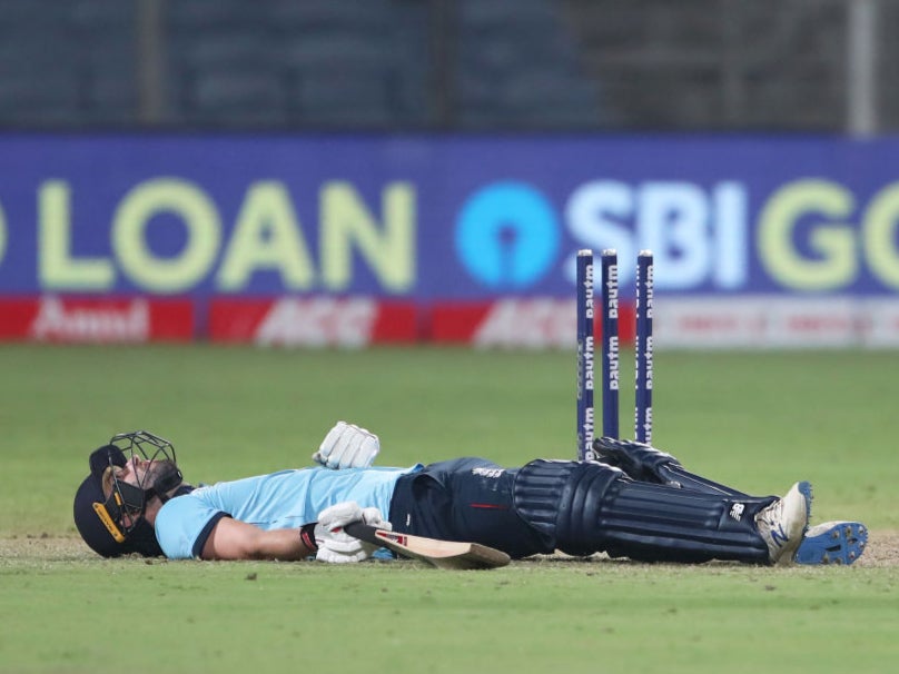 Mark Wood reacts to being run out in the final over