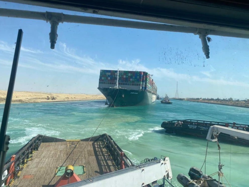 A view from one of the tugs towing the huge ‘Ever Given’ after she was refloated on Monday