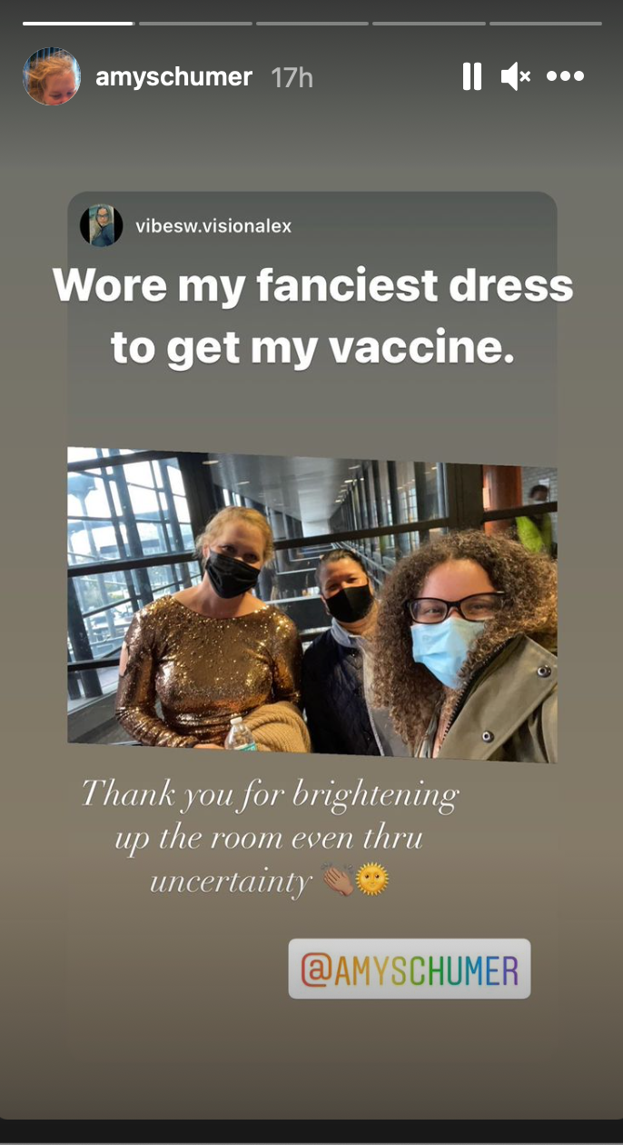 Amy Schumer wears her ‘fanciest dress’ to receive vaccine