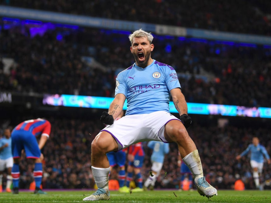 Sergio Aguero celebrates scoring against Crystal Palace