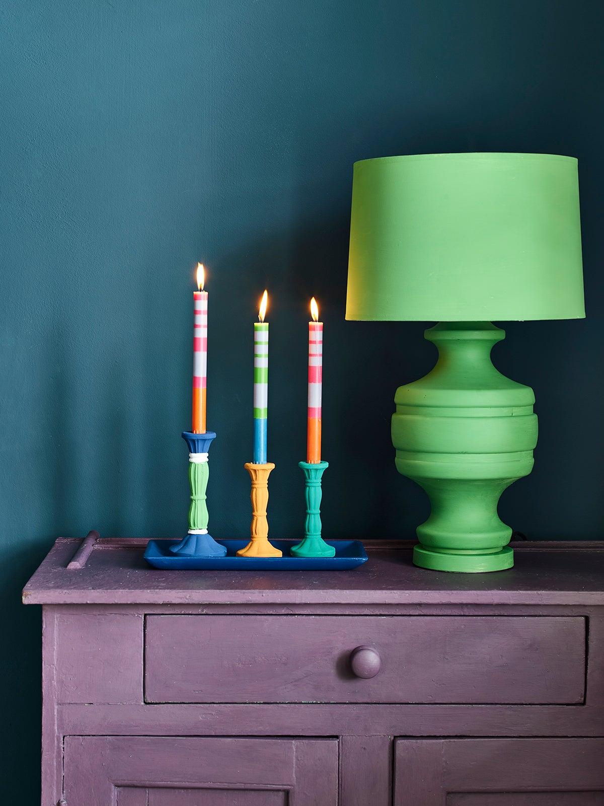 Rodmell chest, Antibes lamp and base, candlesticks in Chalk Paint mix, Annie Sloan