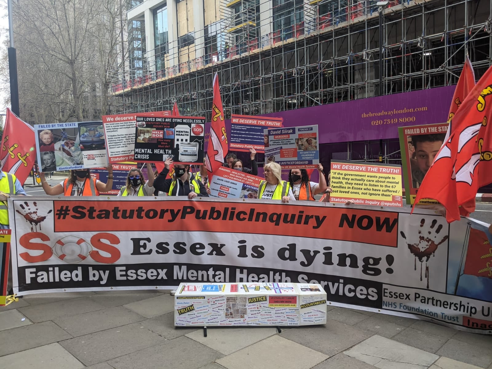 Families calling for an inquiry into Essex mental health deaths outside the Department of Health and Social Care on Wednesday