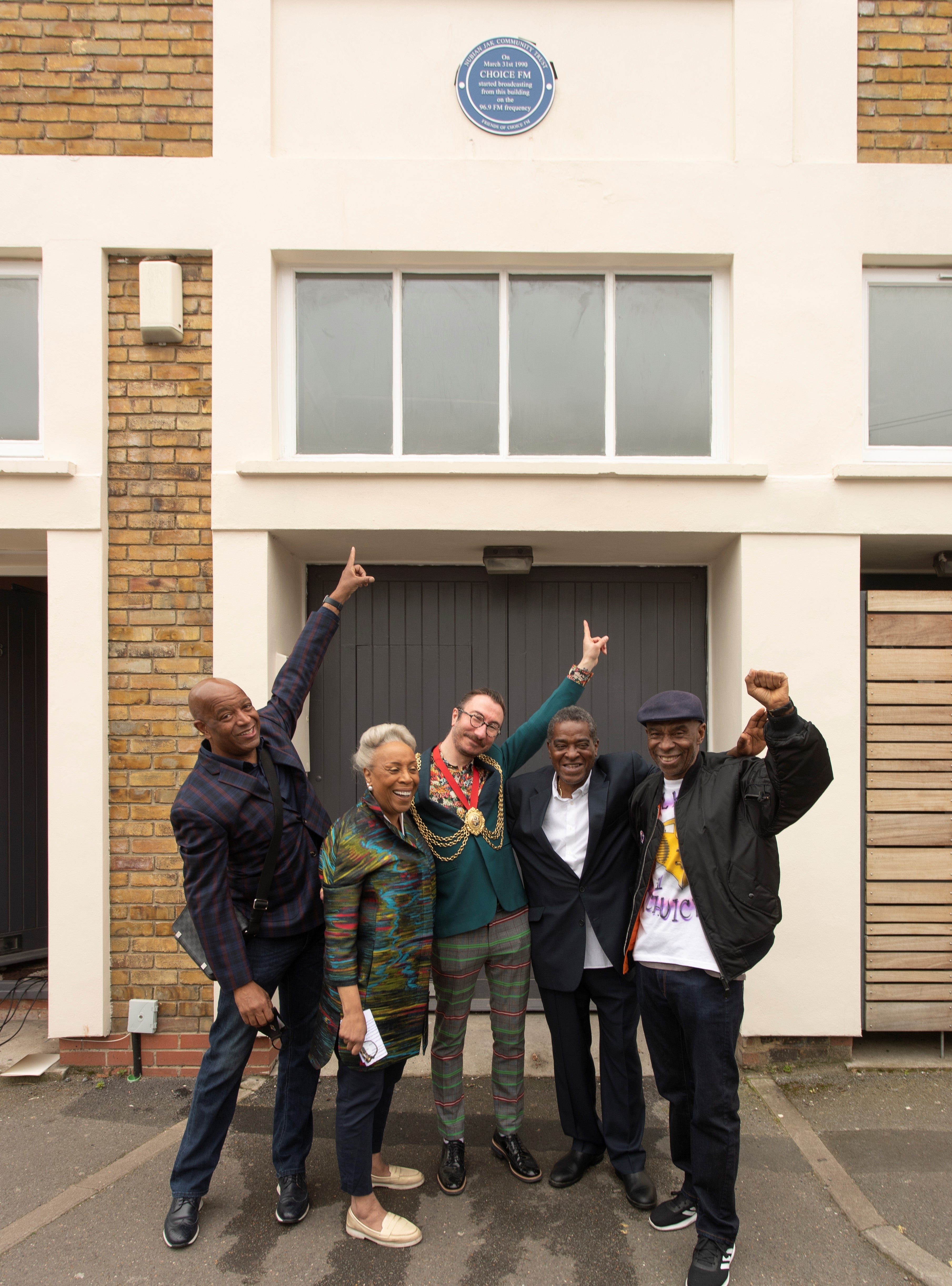 Wayne Turney (former Choice FM sales manager), Dr Yvonne Thompson CBE (former Choice FM director), Mayor Councillor Philip Normal of Lambeth, DJ Daddy Ernie (plaque campaigner and former Choice FM DJ) and Neil Kenlock (co-founder and photographer)