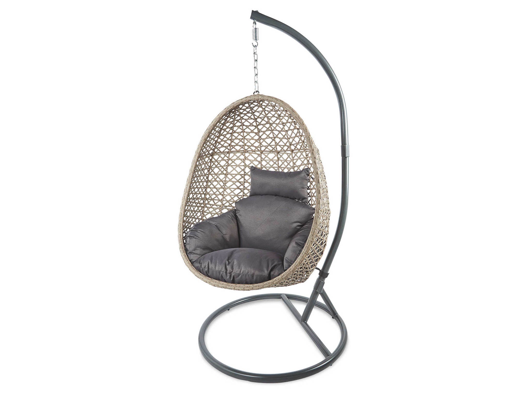 The rattan egg chair comes with a set of grey cushions and hangs from a silver chain on an iron frame