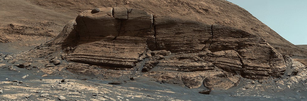 NASA’s Curiosity Mars rover used its Mastcam instrument to take the 32 individual images that make up this panorama of the outcrop nicknamed “Mont Mercou.” It took a second panorama to create a stereoscopic view. Both panoramas were taken on March 4, 2021, the 3,049th Martian day, or sol, of the mission.