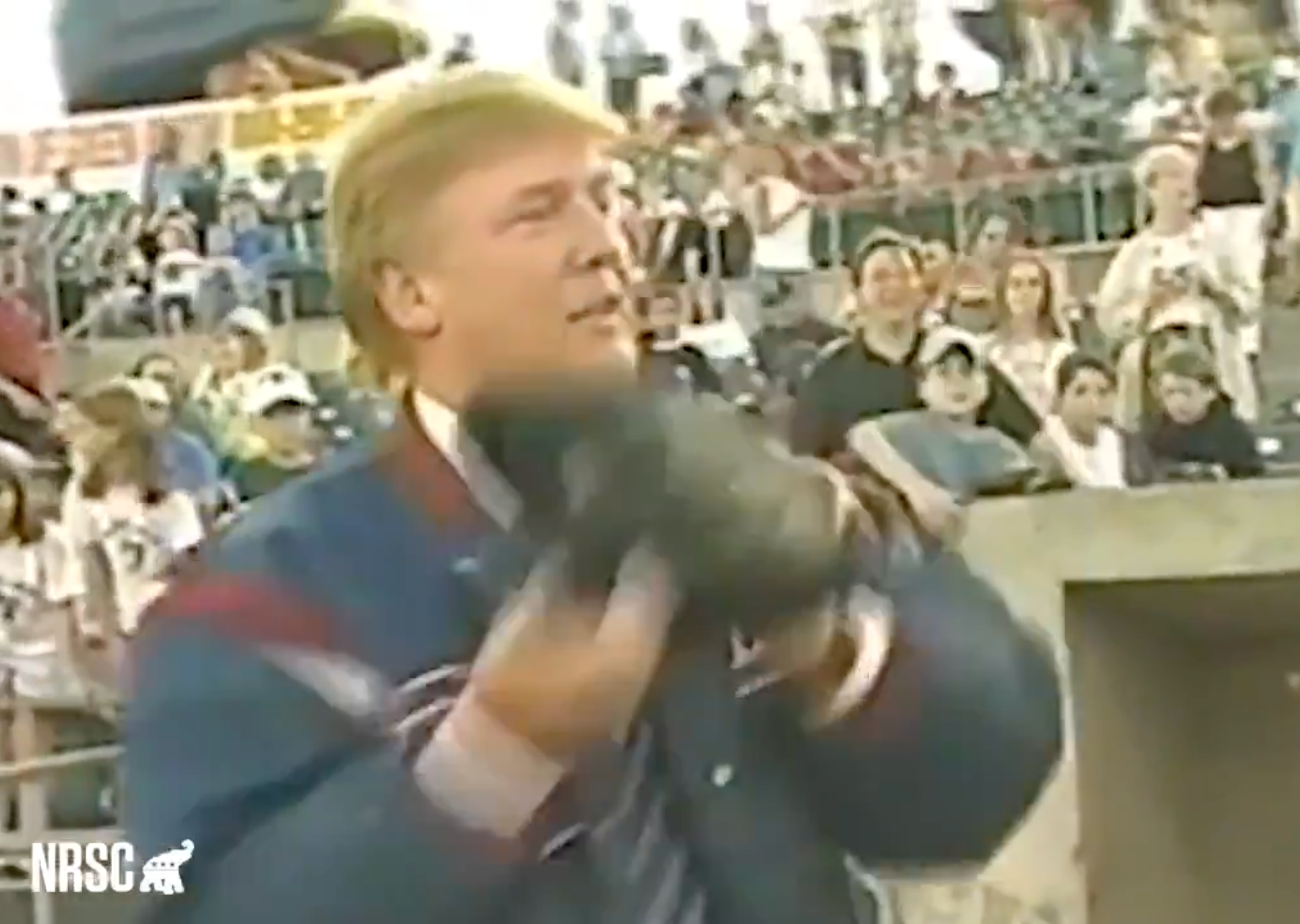 Donald Trump throws the ceremonial first pitch for the Somerset Patriots, a New Jersey minor league baseball team, in 2004