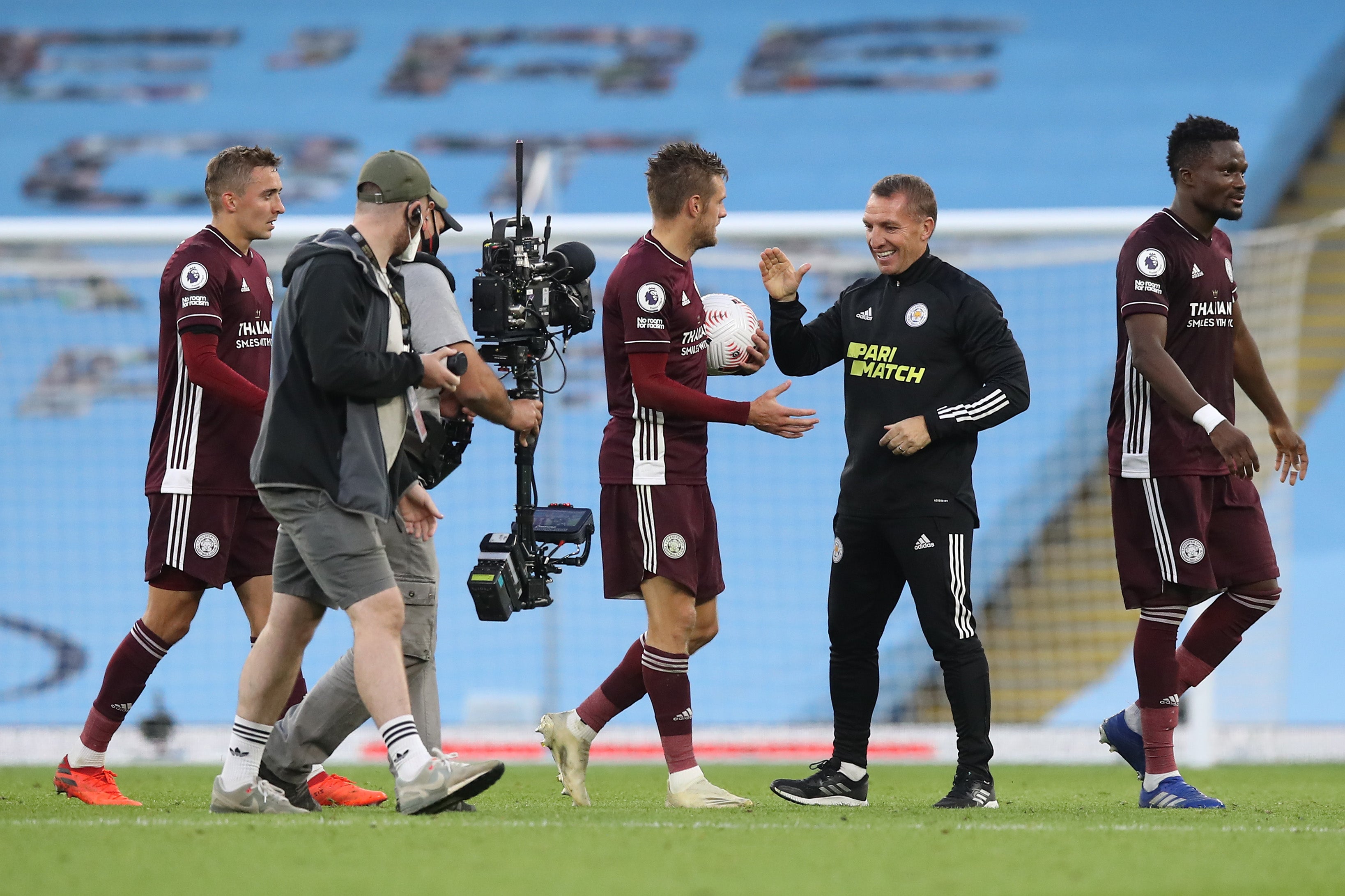 Brendan Rodgers celebrates with Jamie Vardy after Leicester’s 5-2 win over Manchester City in September