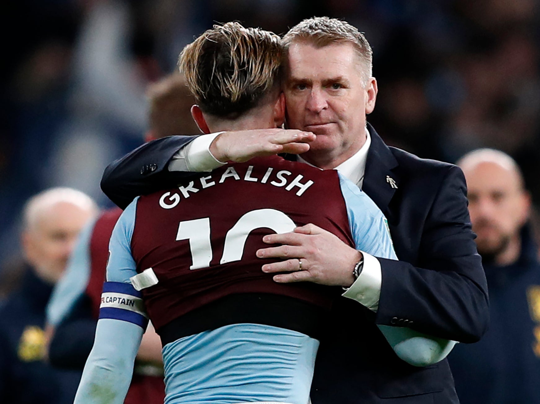 Aston Villa midfielder Jack Grealish with coach Dean Smith