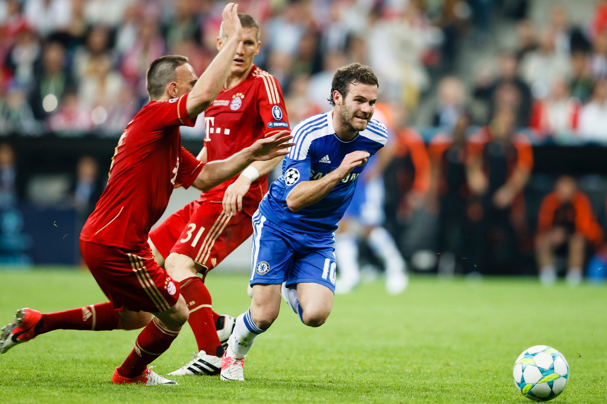 Not like it used to be: Chelsea’s Juan Mata skips past Bayern Munich’s Bastian Schweinsteiger and Franck Ribey in the 2012 Champions League final