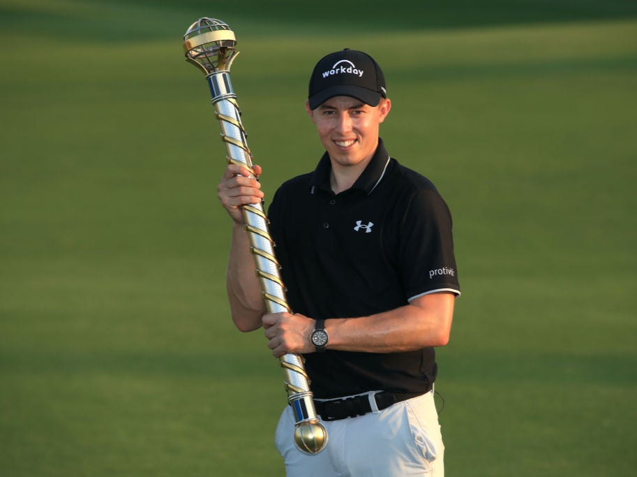 Matt Fitzpatrick celebrates winning the DP World Tour in December 2020