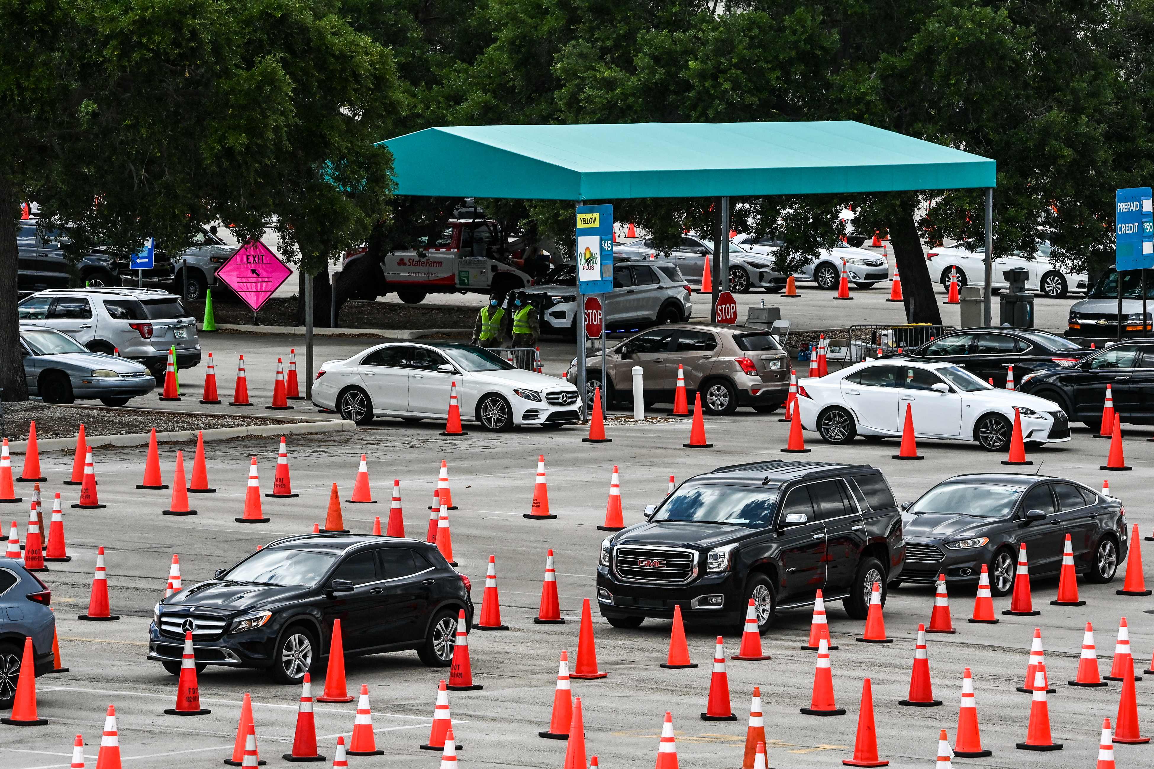 Mr Osterholm said that in the last two weeks more than 750 schools in Minnesota had reported cases of the UK variant (pictured: Cars line up to get the vaccine in Miami, Florida)