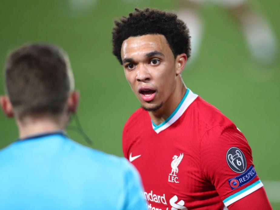 Trent Alexander-Arnold reacts to the referee during Liverpool’s defeat