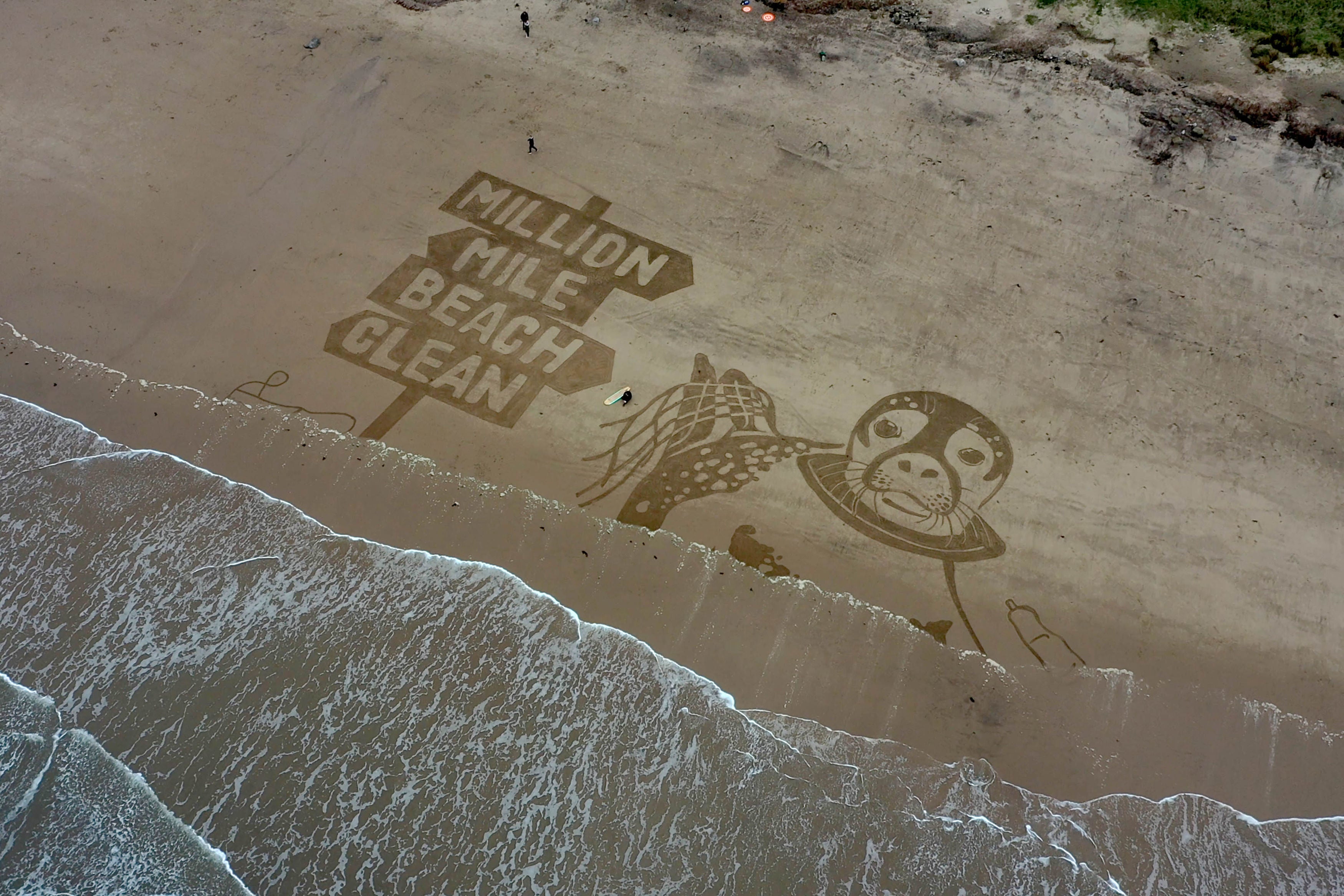 A 50-metre-long drawing of a seal at Cayton Bay in Yorkshire is used to launch Surfers Against Sewage’s ‘million mile beach clean’ campaign