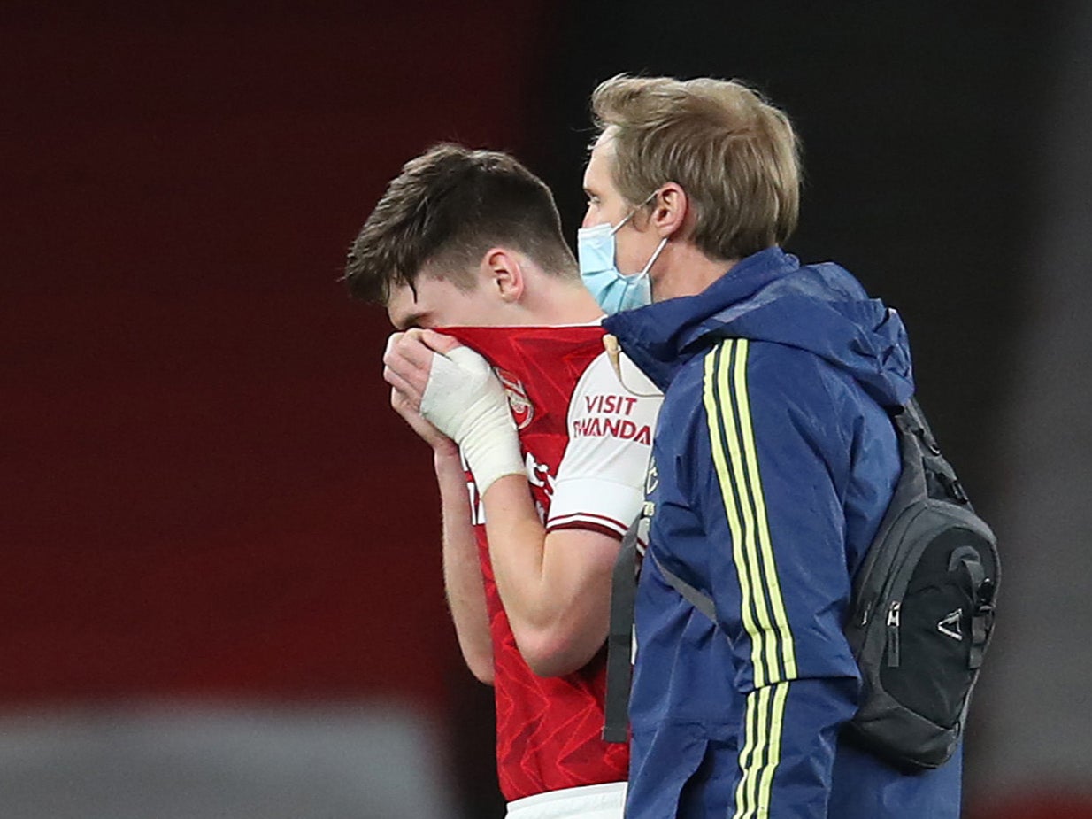 Kieran Tierney picked up an injury in Arsenal’s defeat by Liverpool at the weekend