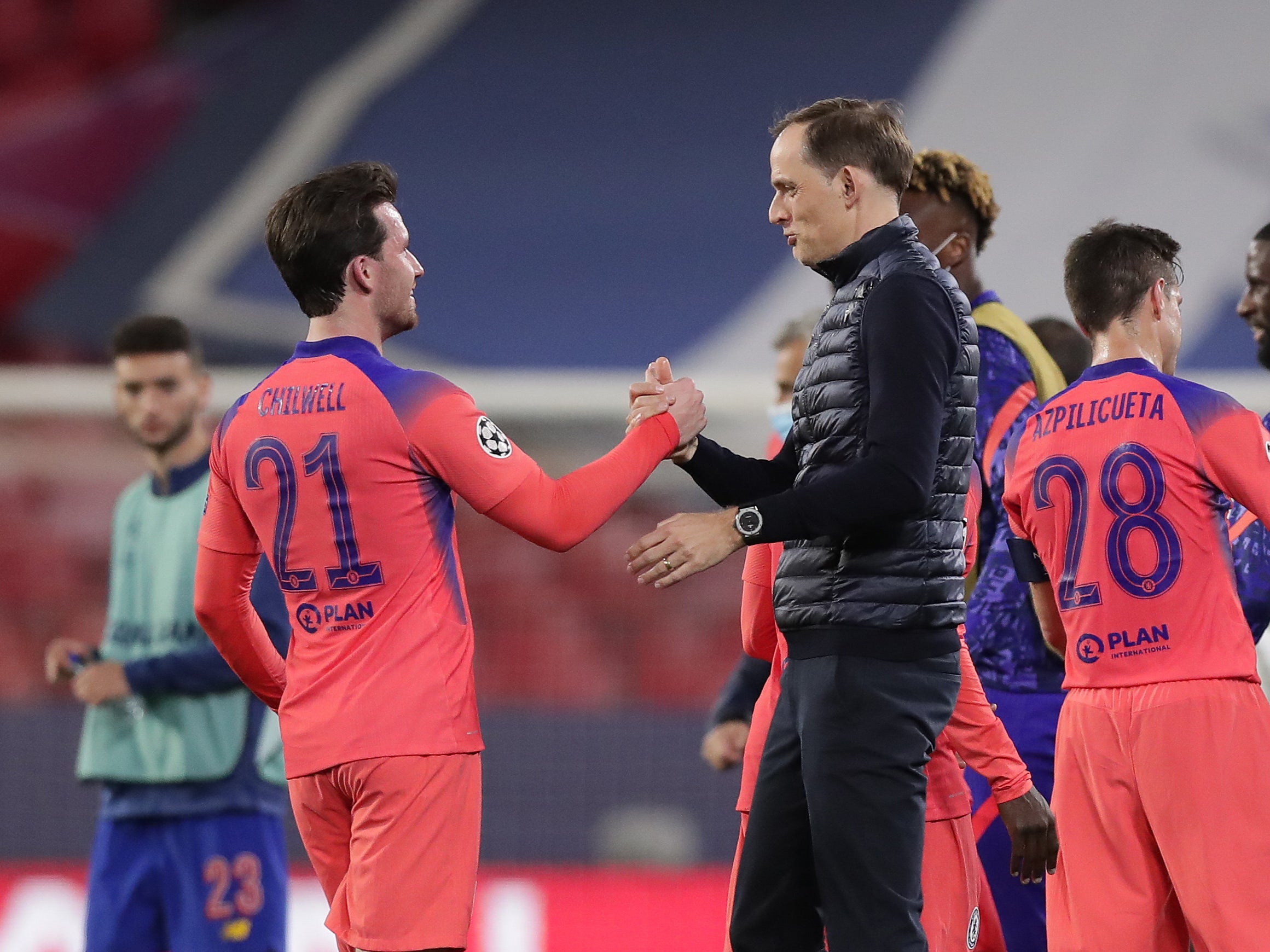 Chelsea head coach Thomas Tuchel and defender Ben Chilwell