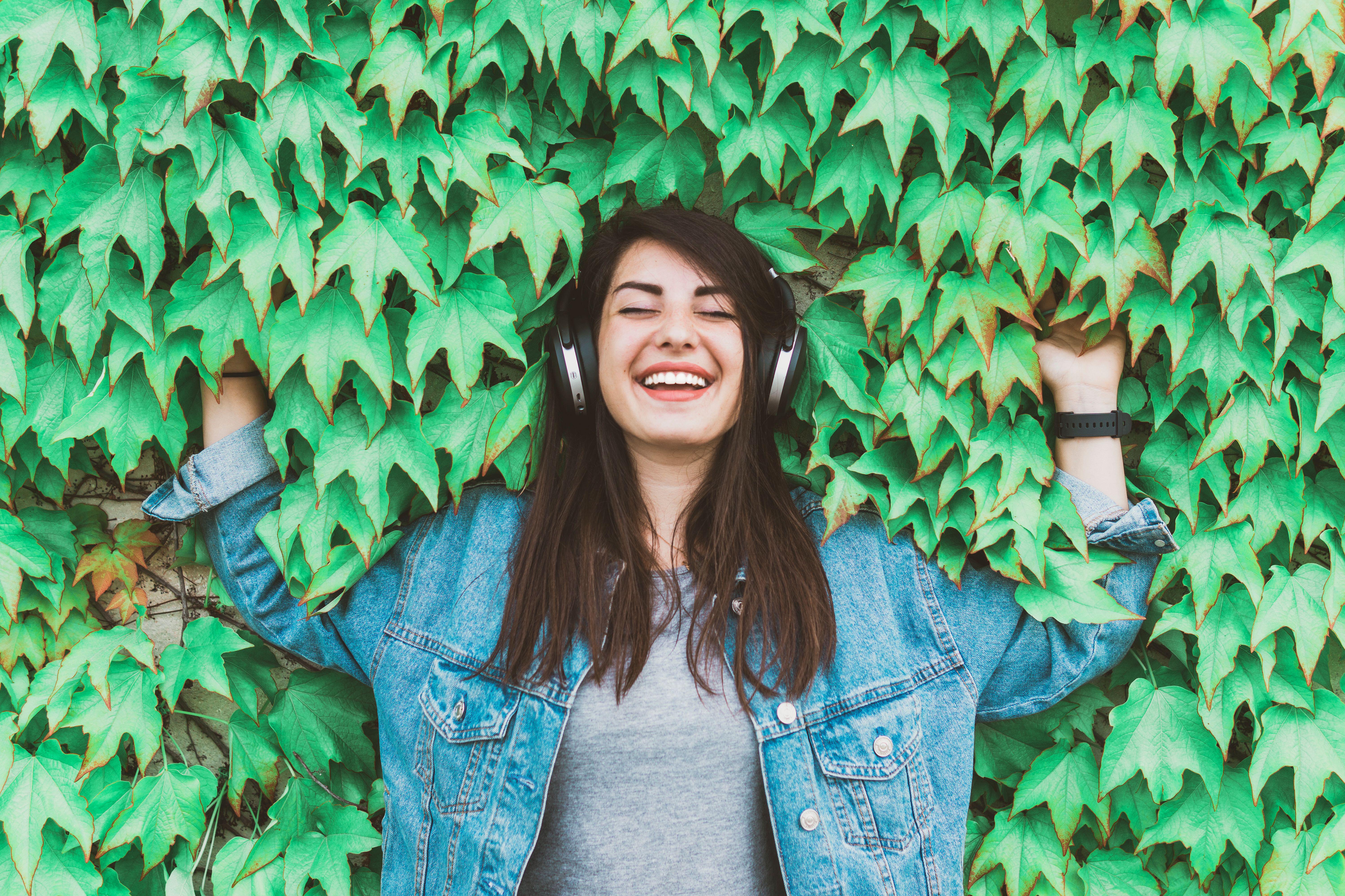 Woman listening to podcast