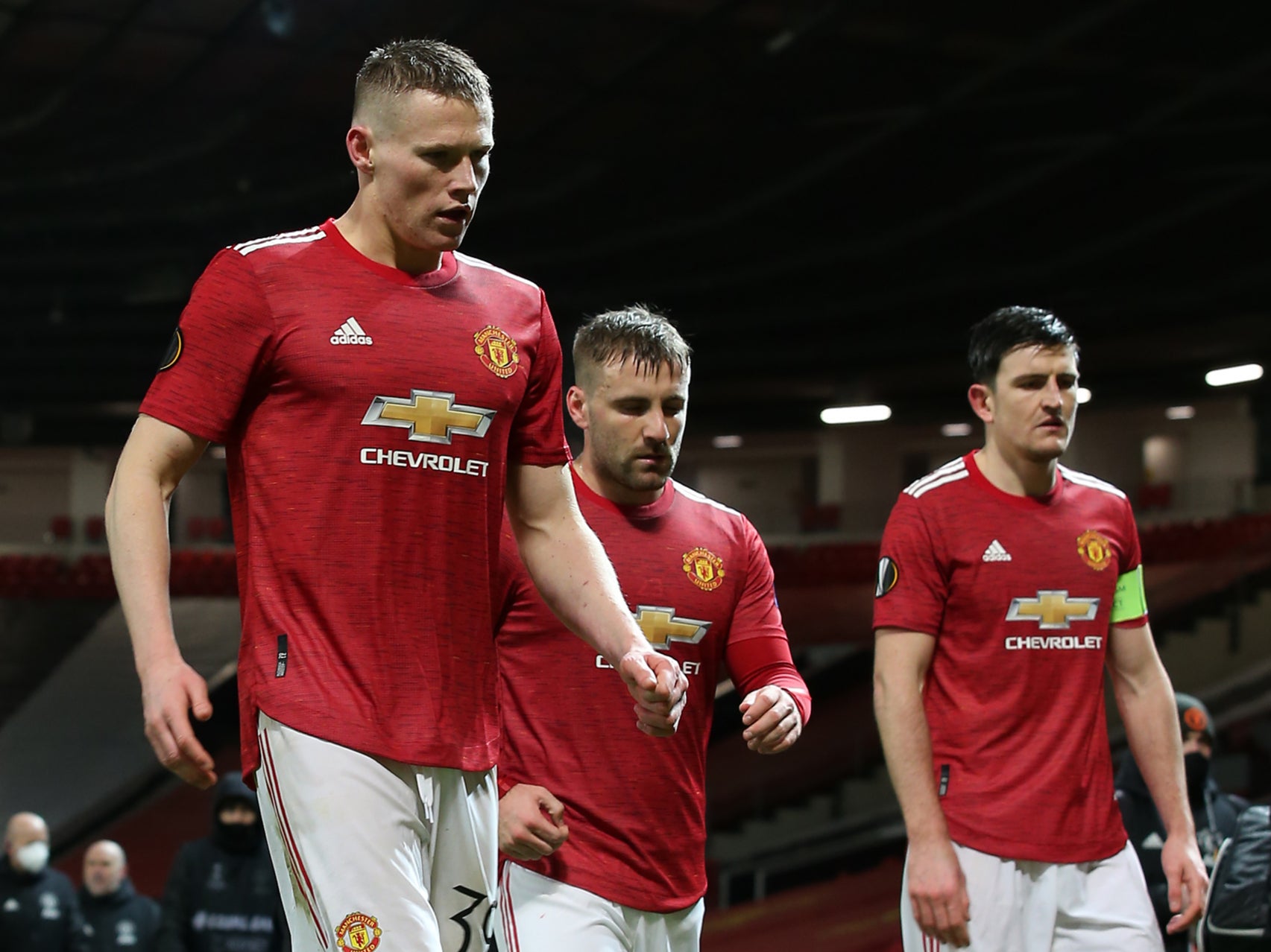 McTominay, Shaw and Maguire (L-R) were booked in the first leg against Granada