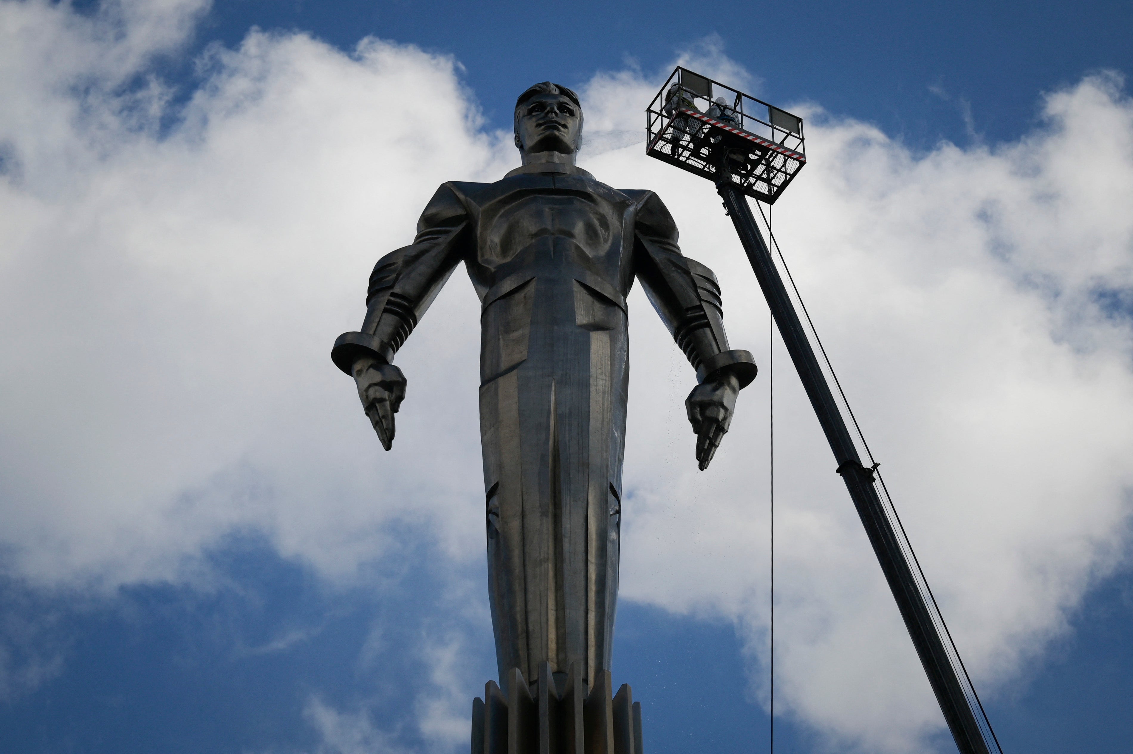 Workers cleaning the Yuri Gagarin monument in Moscow last week