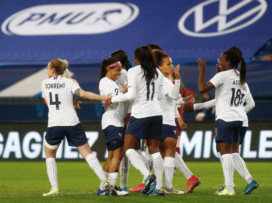 France celebrate scoring against England