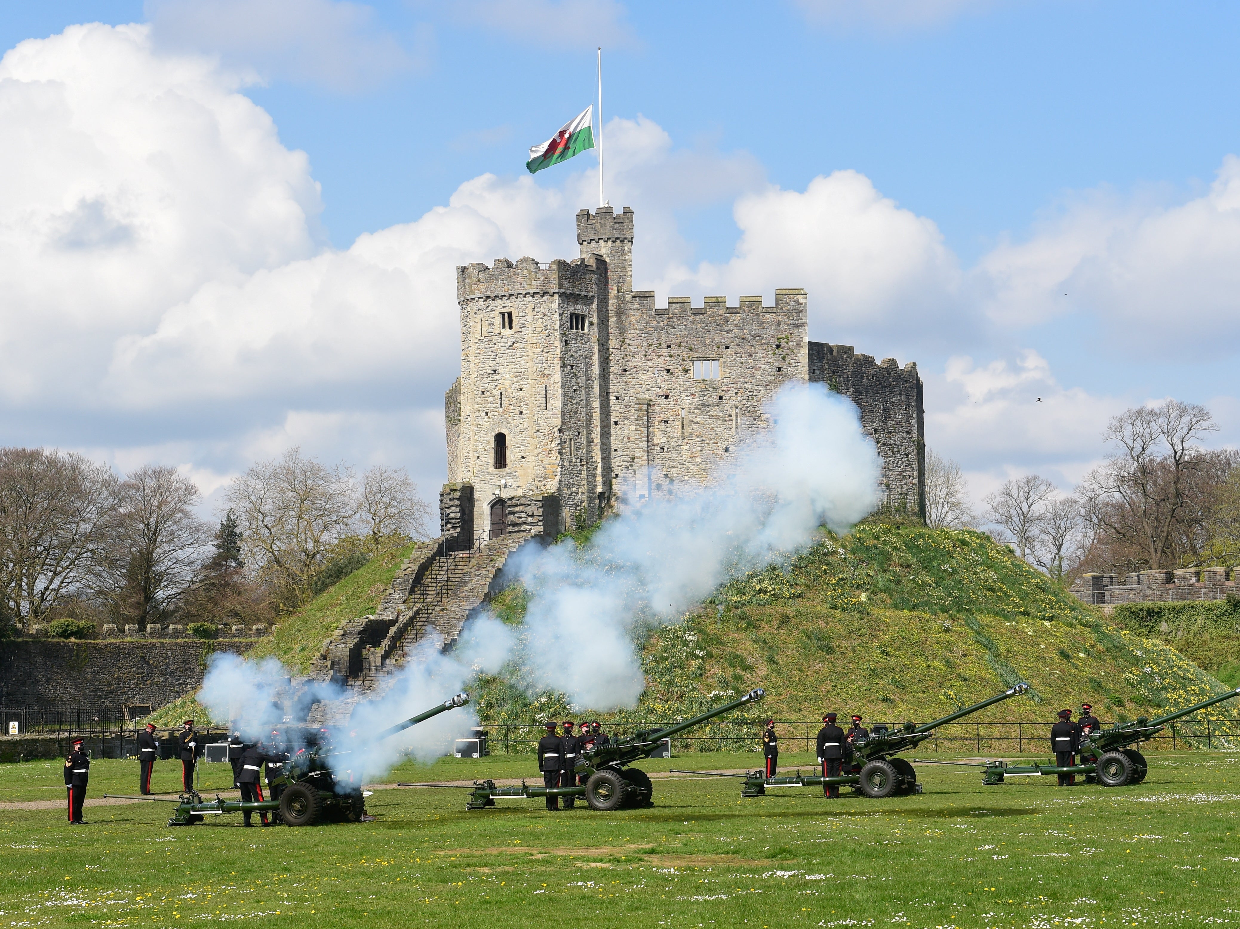 View of the first shot during a gun salute at Cardiff Castle