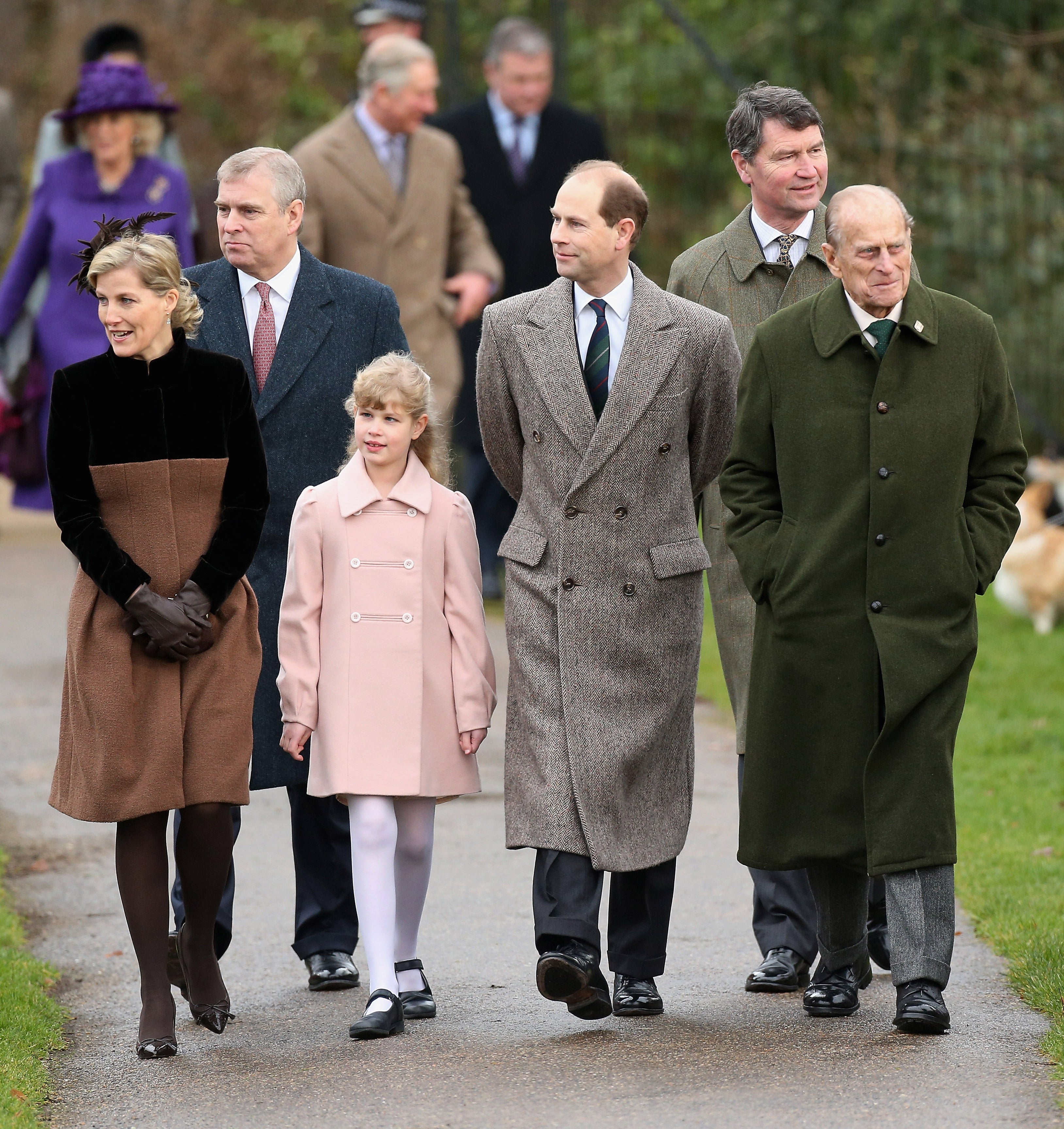 Prince William, Prince Philip, Duchess of Cambridge, Meghan Markle and Prince Harry attend Christmas Day Church service at Church of St Mary Magdalene on 25 December 2017 in King's Lynn, England.