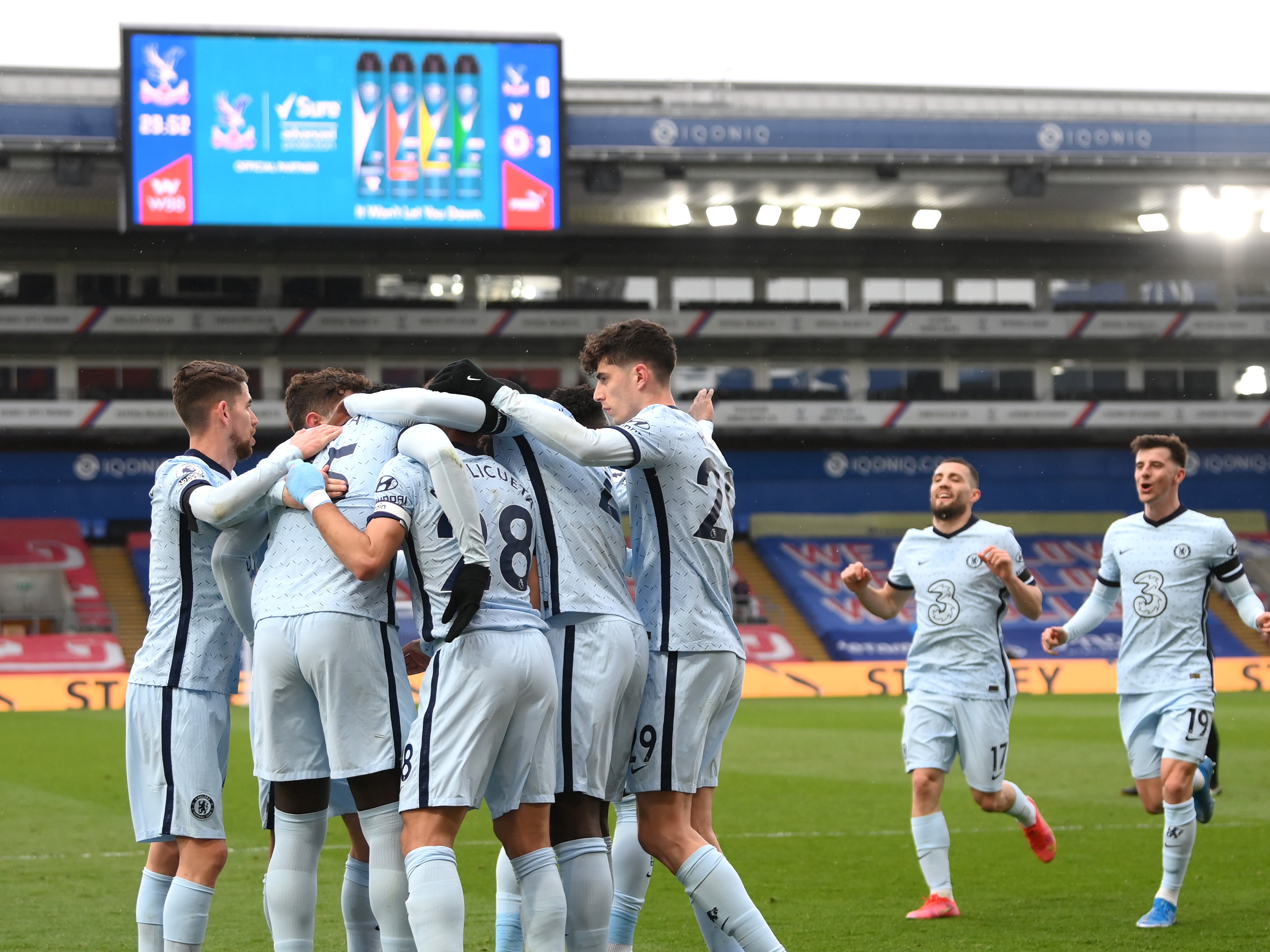 Chelsea players celebrate during a statement win at Crystal Palace