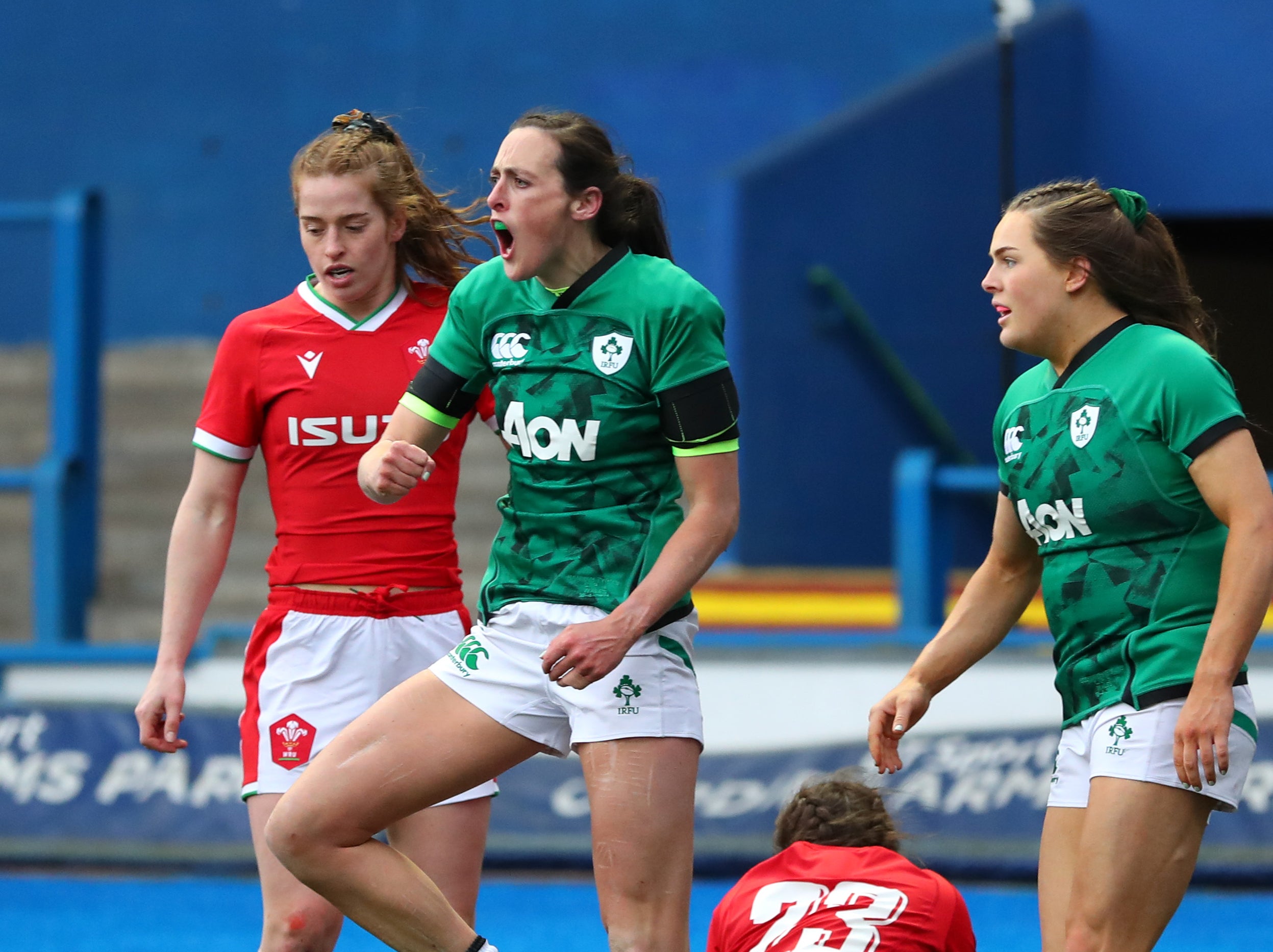 Hannah Tyrrell celebrates scoring Wales’ seventh try against Ireland