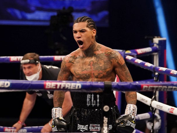 Conor Benn celebrates his win over Samuel Vargas