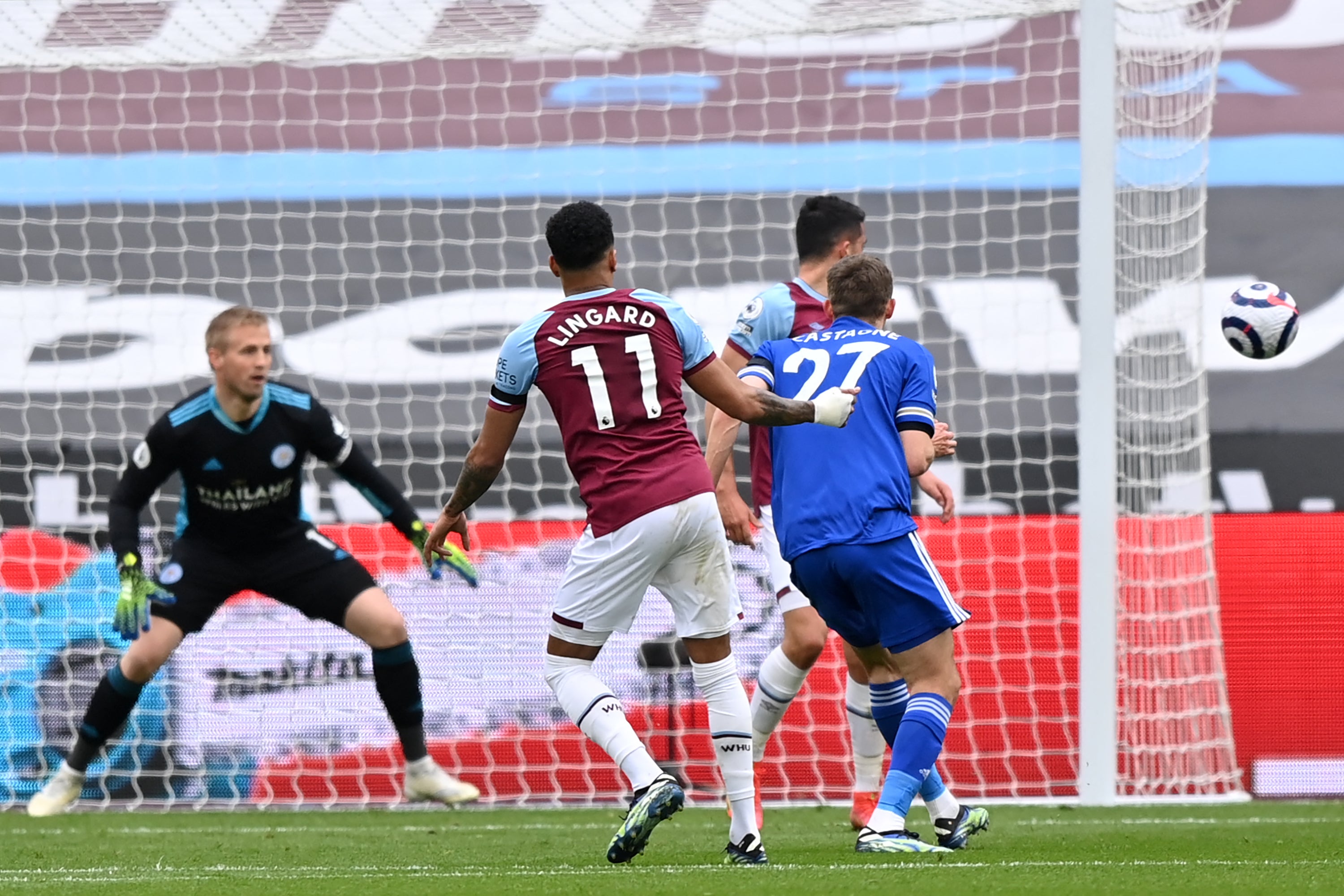 Lingard curls a half-volley past Kasper Schmeichel to open the scoring