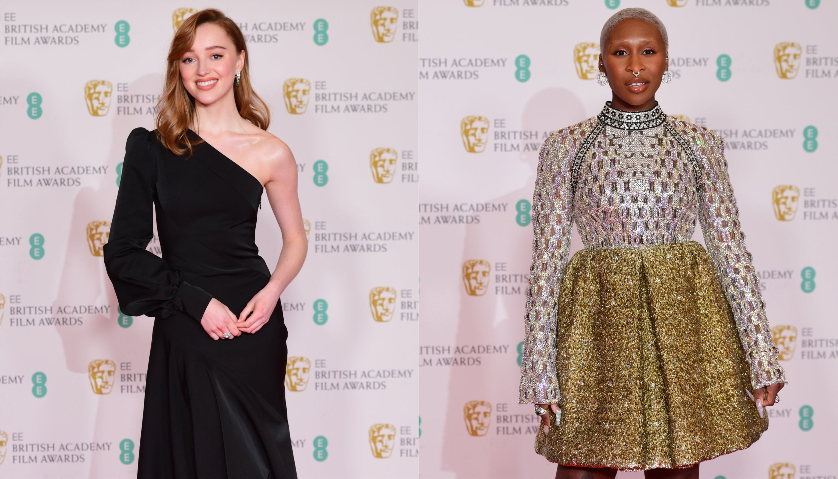 Composite of Phoebe Dynevor and Cynthia Erivo at the Baftas