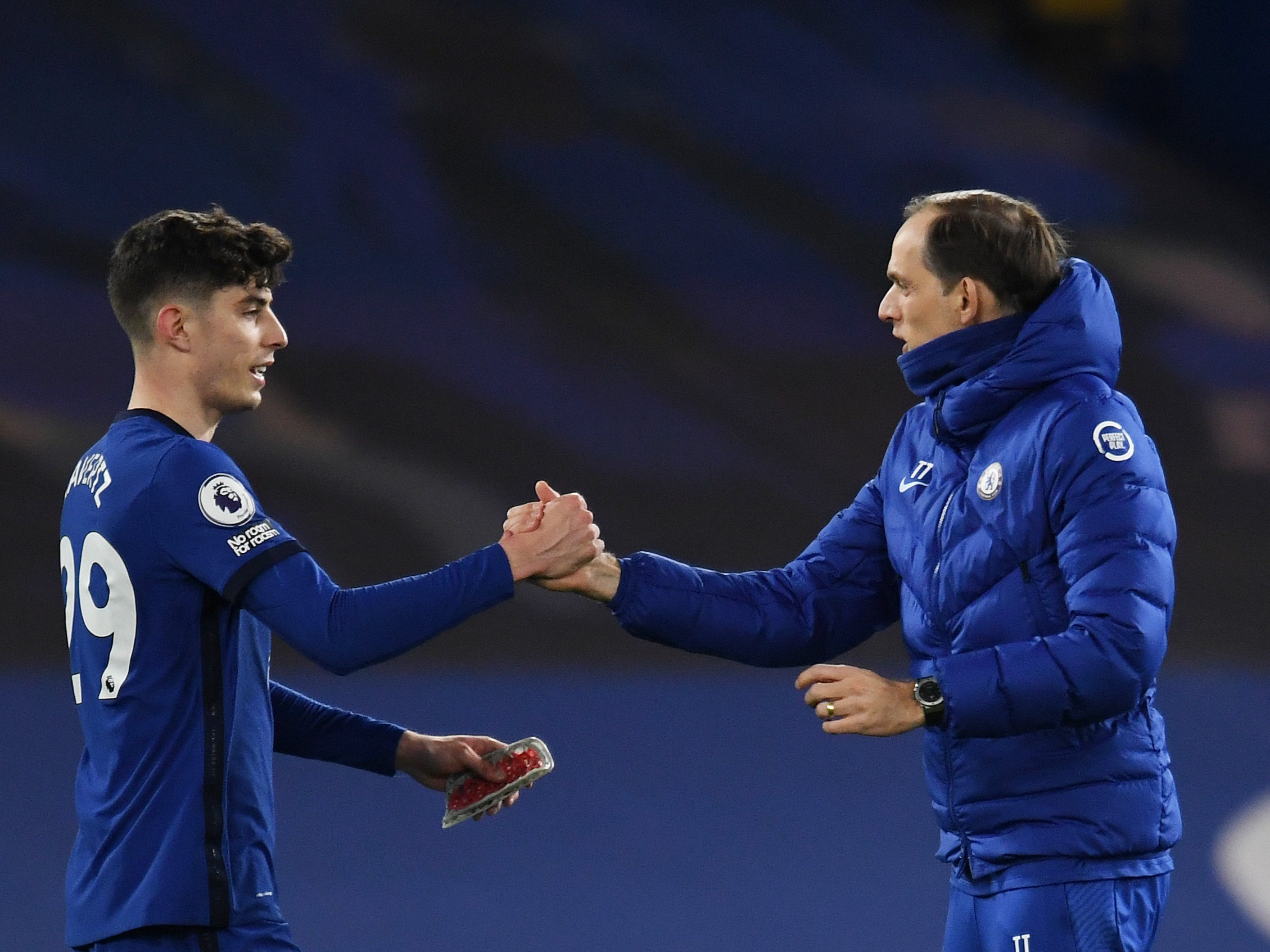 Chelsea midfielder Kai Havertz (left) with coach Thomas Tuchel