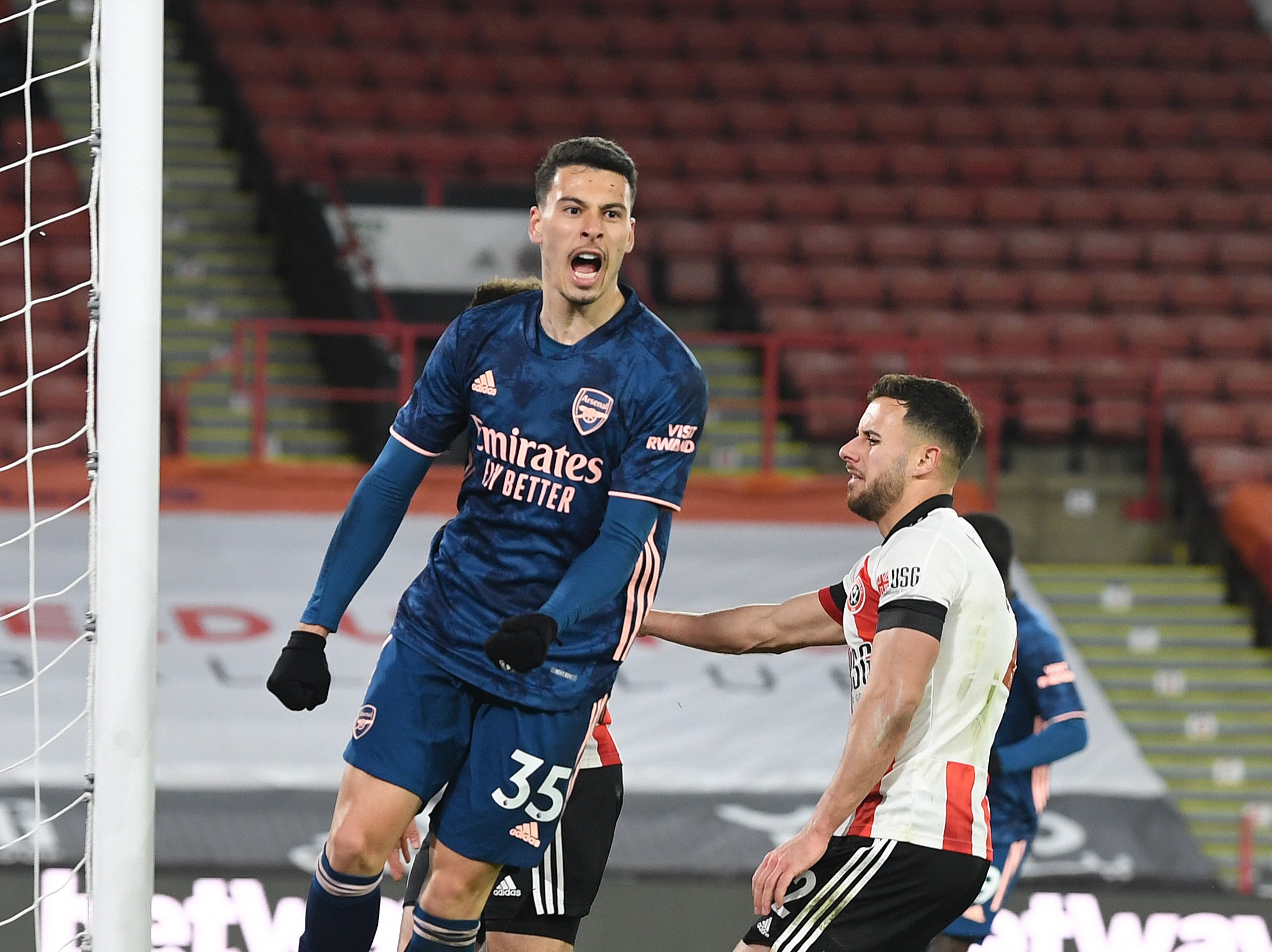 Arsenal striker Gabriel Martinelli celebrates scoring against Sheffield United