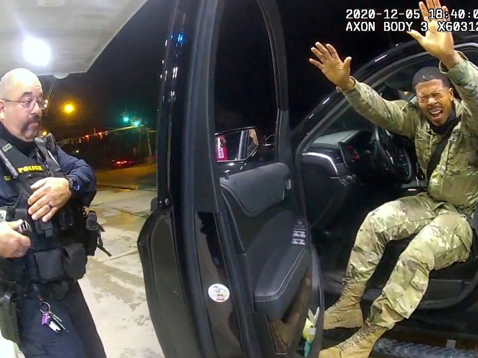 Caron Nazario exits his vehicle after being sprayed with a chemical agent by officer Joe Gutierrez during a violent traffic stop in Windsor, Virginia, U.S., December 5, 2020.