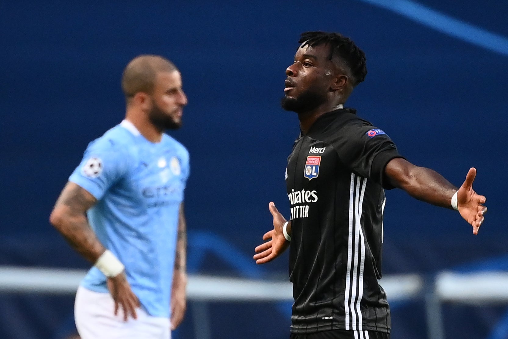 Lyon’s Maxwel Cornet celebrates his goal in last year’s quarter-final