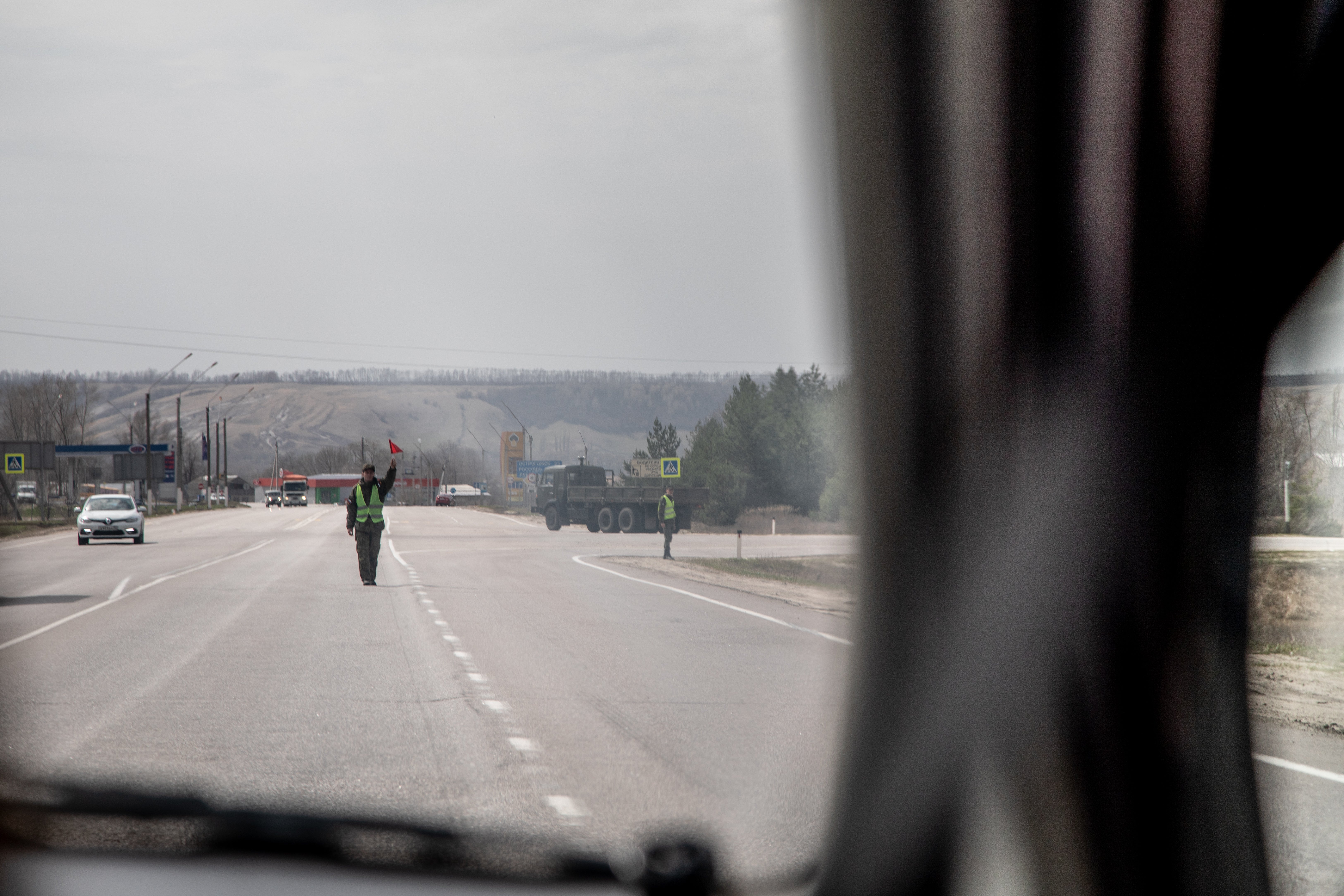 Military police close road for convoy near to Ostrogozhsk