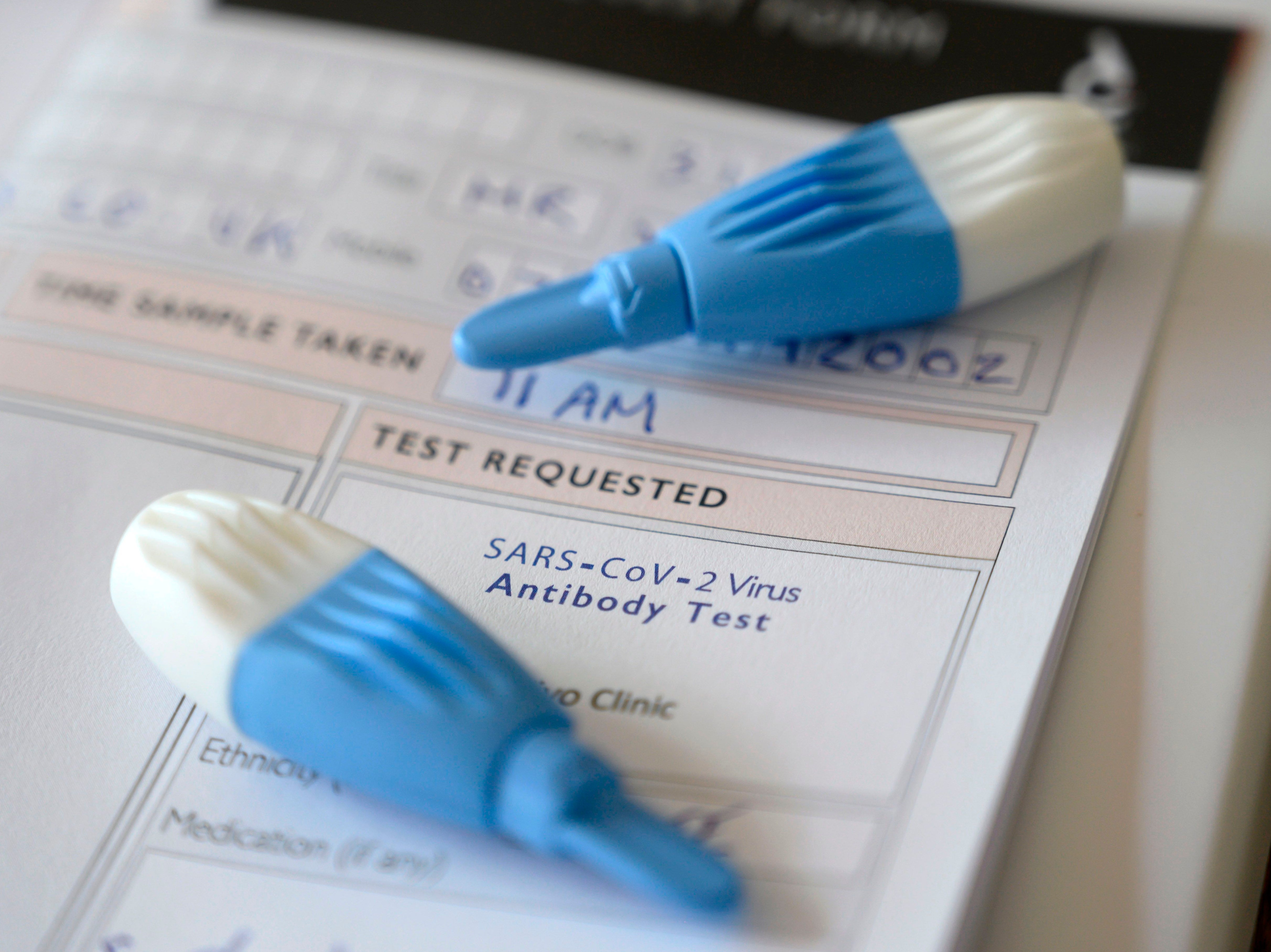 Lancets to prick the tip of the finger are pictured, part of an IgG Antibody Test Kit which identifies Immunoglobulin G antibodies related to SARS-CoV-2, the virus that causes COVID-19