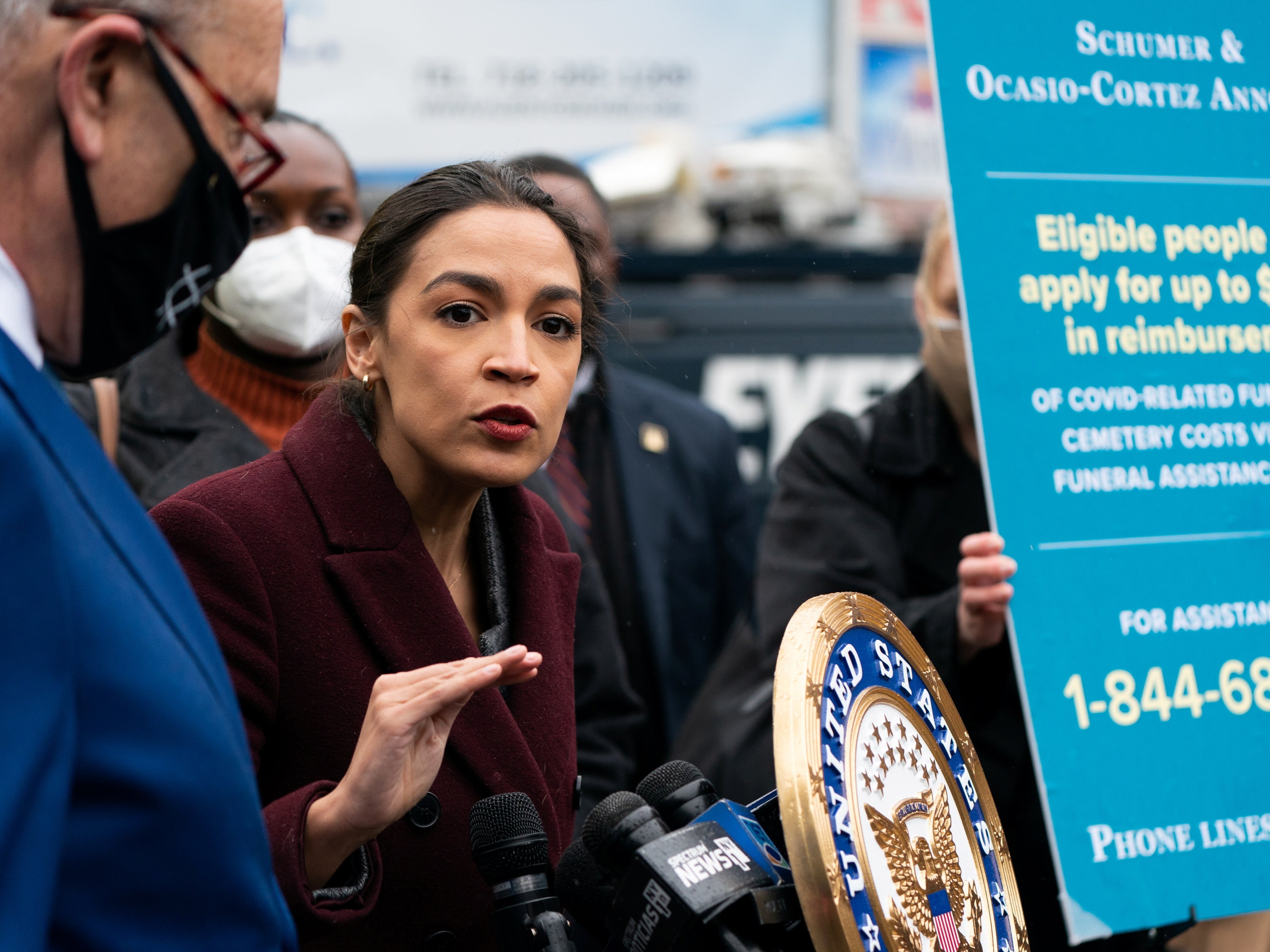 The news will revive the debate about the ‘corruption’ of allowing ‘mega donors’ so much political influence. Advocates for curbing that influence include U.S. Rep. Alexandria Ocasio-Cortez (D-NY) pictured during a news conference to announce FEMA will help pay for the funeral and burial of COVID-hit families in the Queens borough of New York City, in April this year