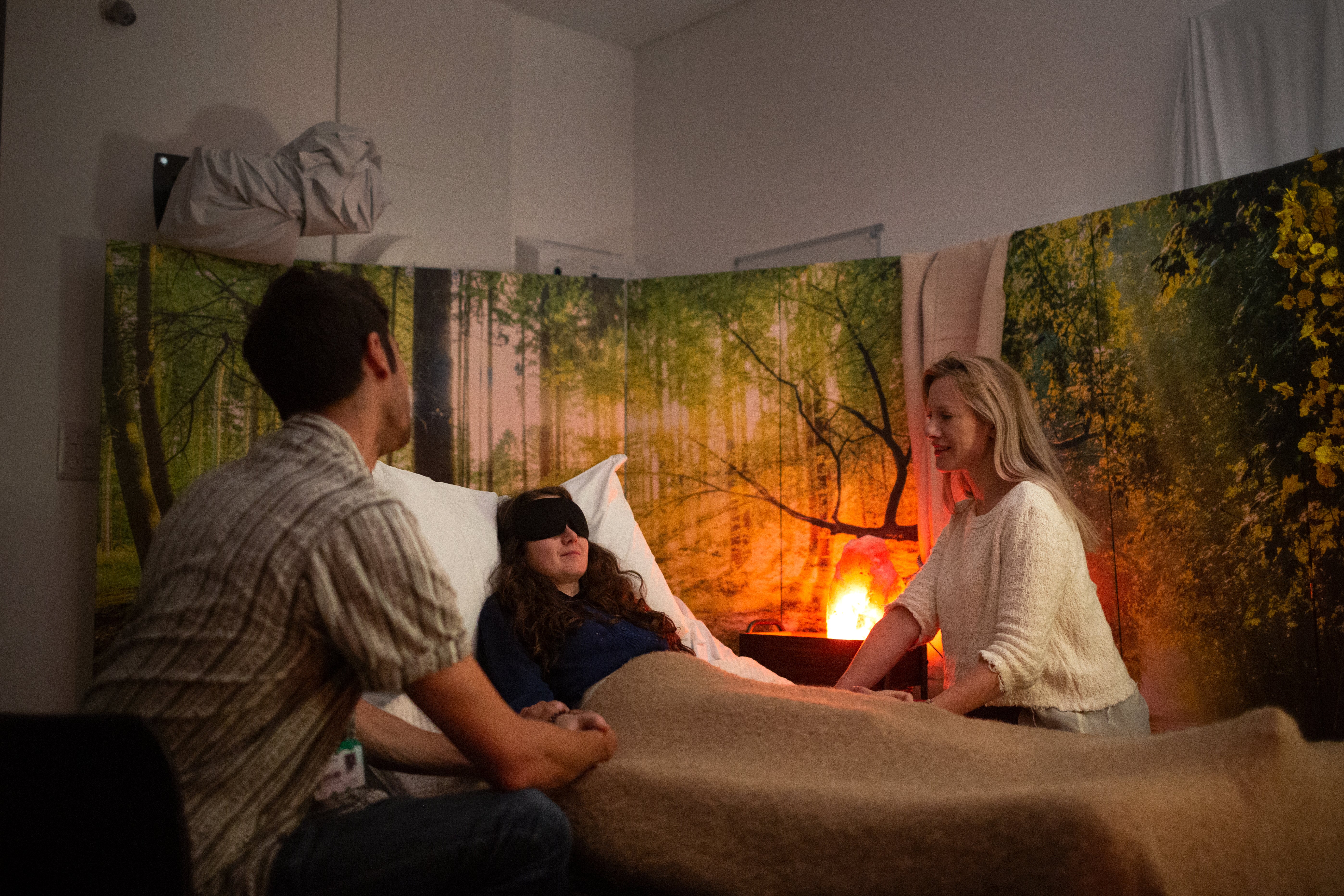 Dr Rosalind Watts, clinical lead in the treatment (dosing) room with Jonny Martell and Roberta Murphy