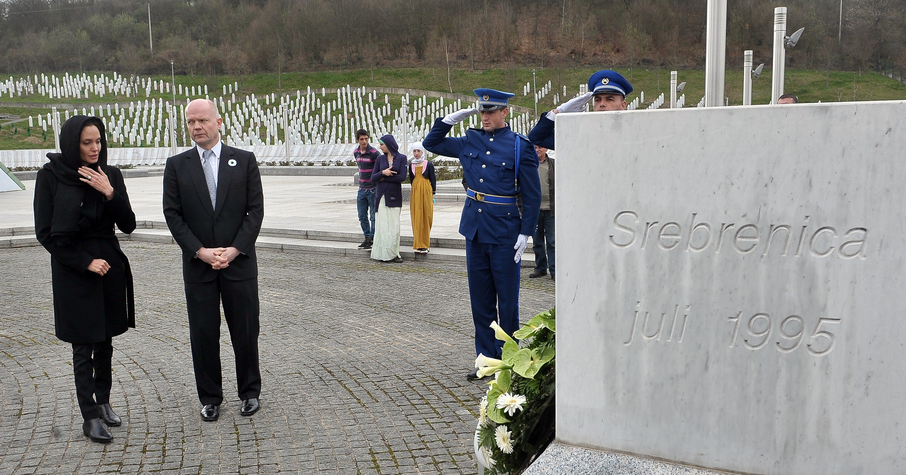 Jolie and Hague pay their respects at the Srebrenica-Potocari Genocide Memorial in Bosnia and Herzegovina in 2014