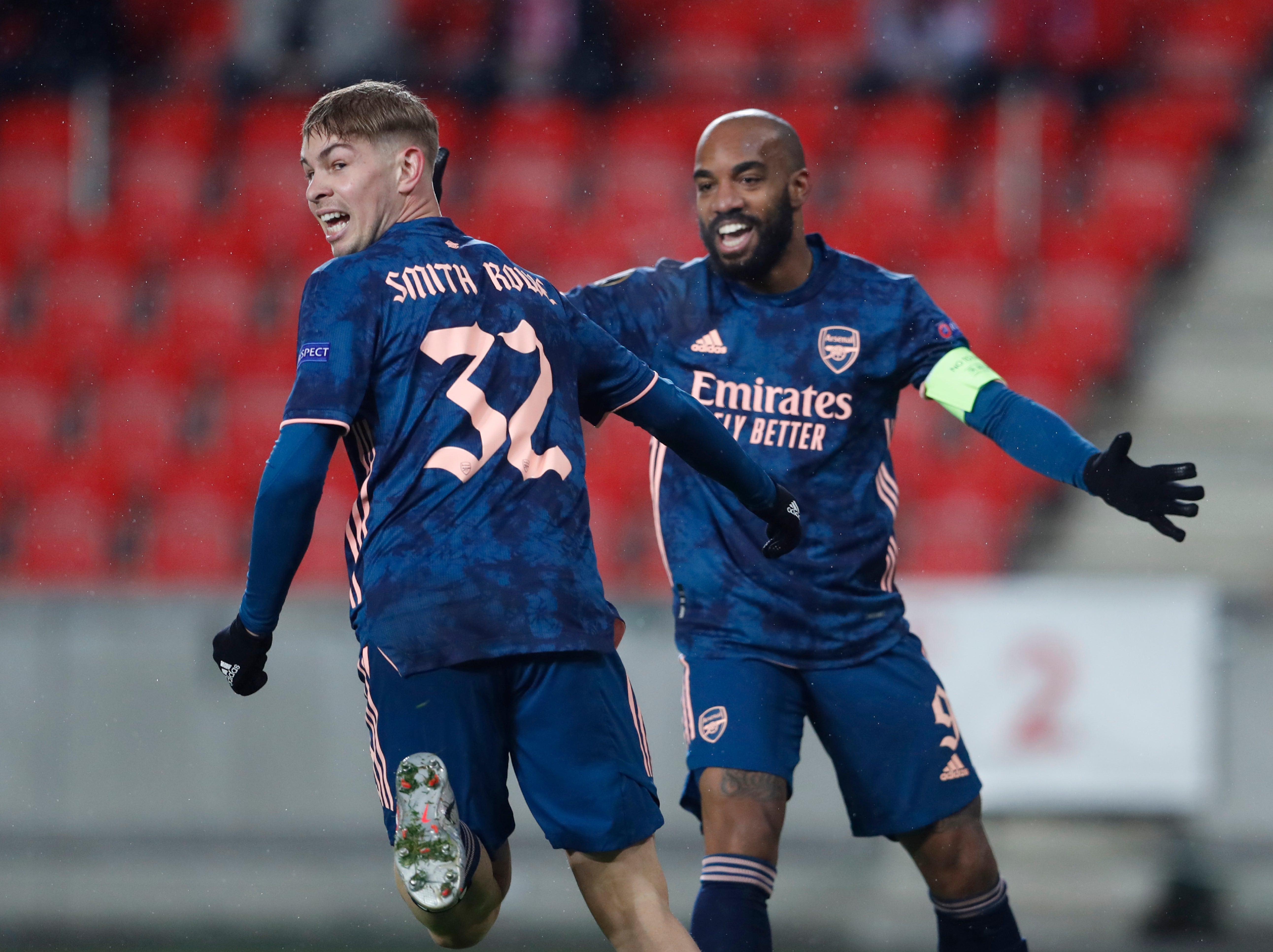 Emile Smith Rowe and Alexandre Lacazette celebrate