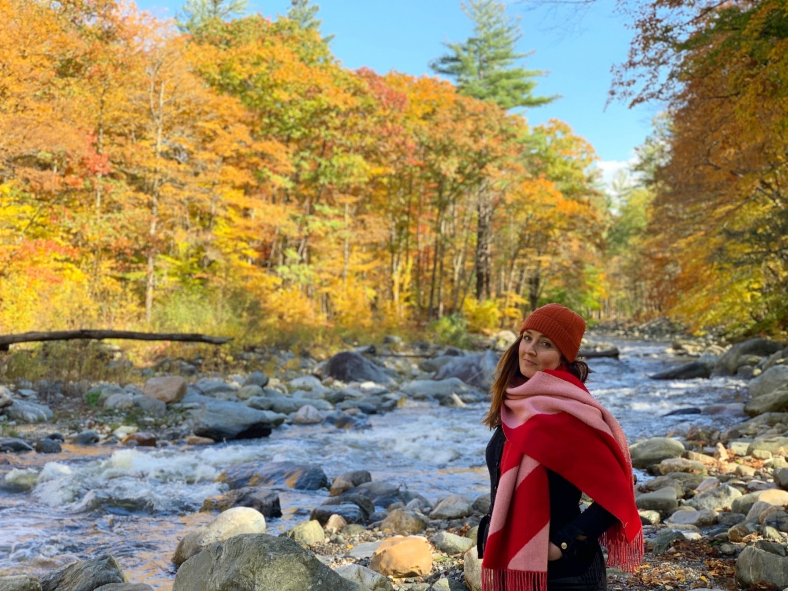 Alice Hutton pictured on the Mohawk Trail in Massachusetts, in October 2020, after arriving in the US three days before the border shut in March