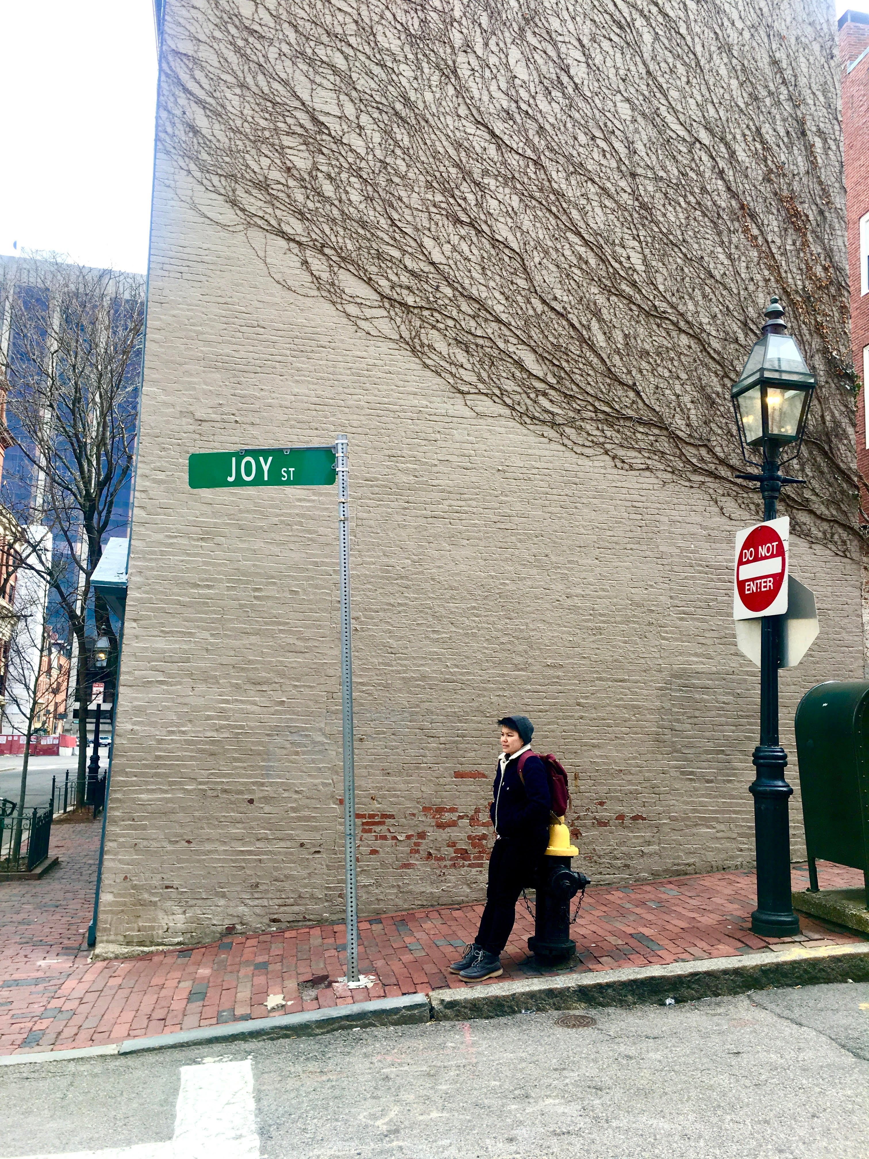 Alice Hutton’s wife, Mel, pictured in Beacon Hill in Boston, on their first day in the city, after landing just a week before the border shut