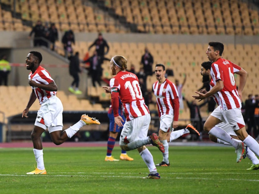 Inaki Williams celebrates scoring against Barcelona in January 2021