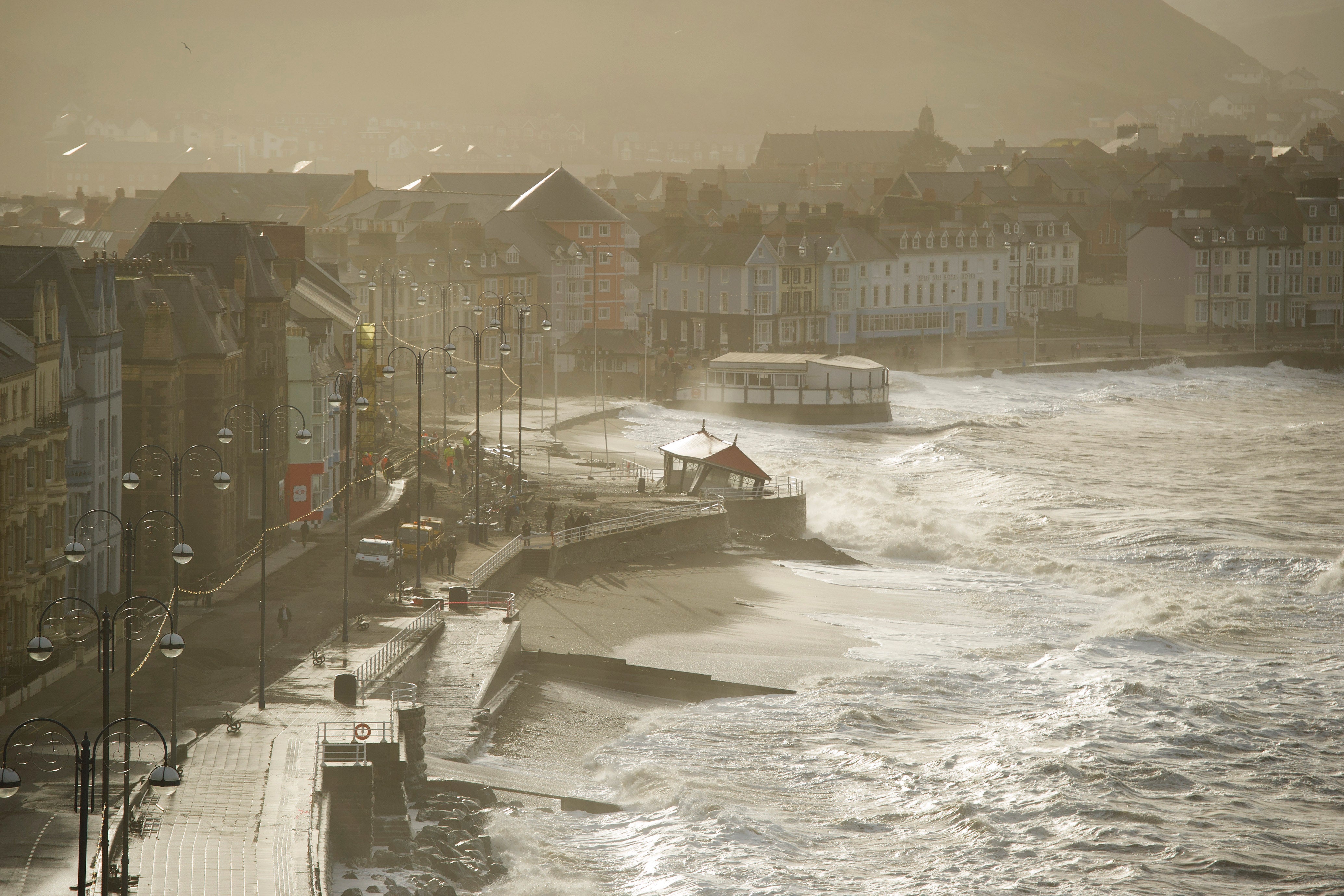 Waves batter the promenade in Aberystwyth in 2014 – the worst storms to affect the Welsh coastline in 15 years